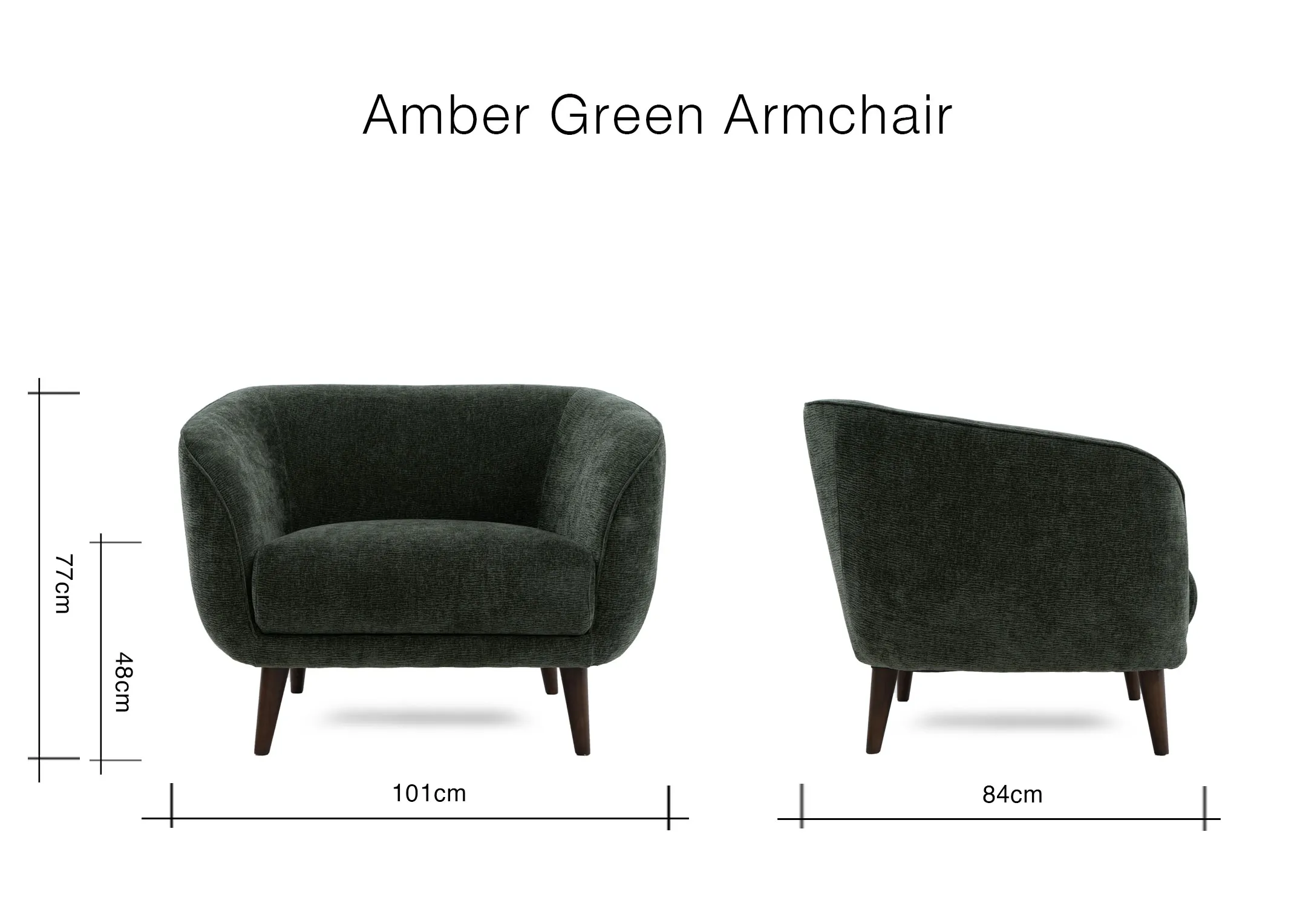 a dimension image of the Amber green armchair with 101cm x 84cm x 77cm