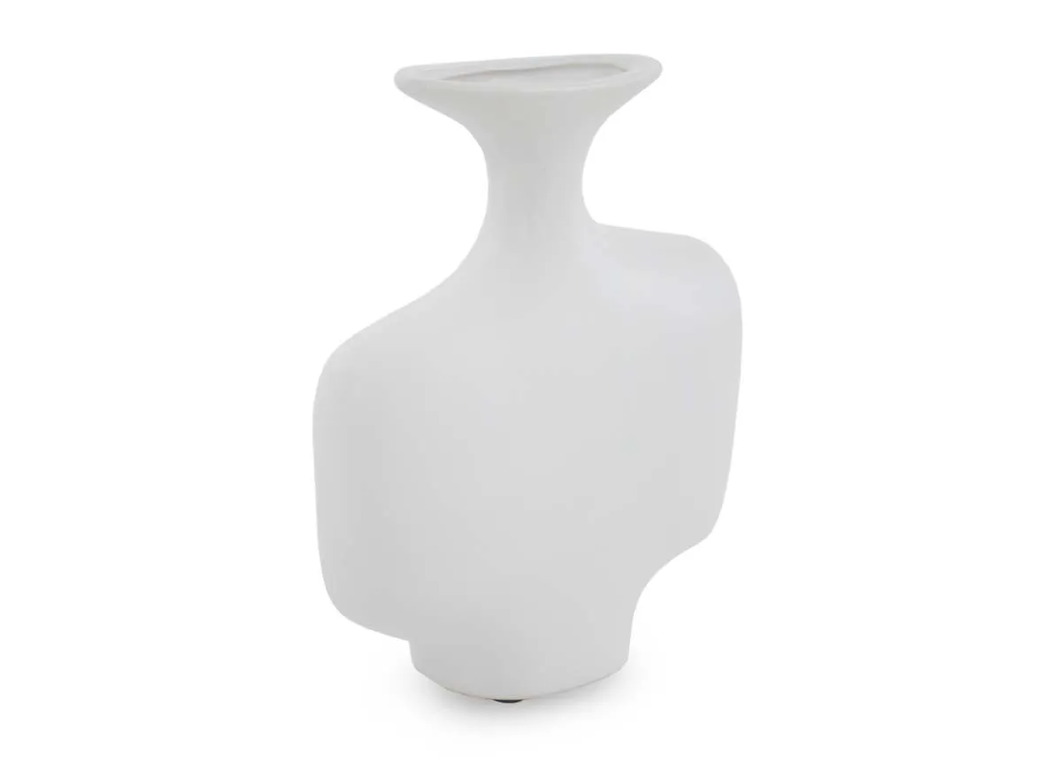 A large white ceramic decorative item with an abstract sculptural shape and a flared top opening.