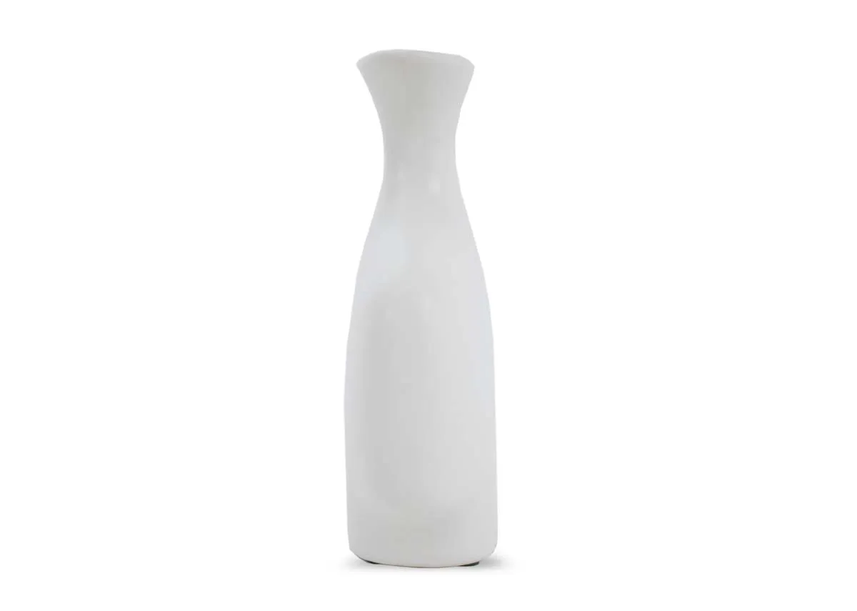 A large tall slender white ceramic decorative item with a smooth finish and a narrow neck.