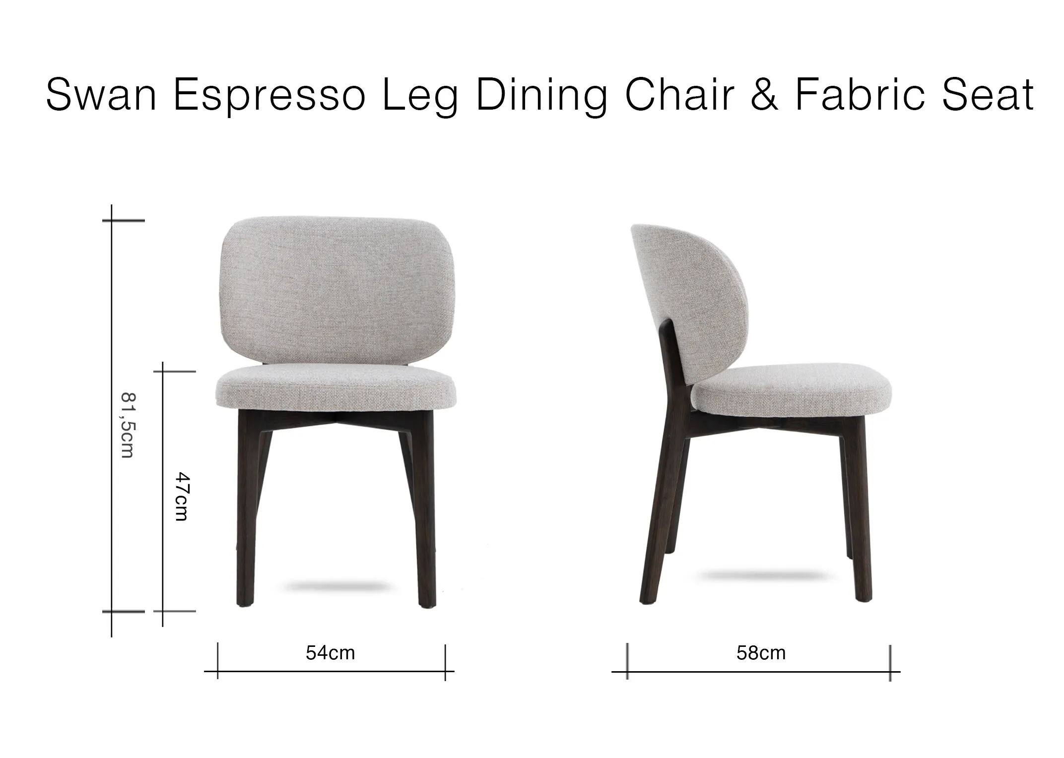 A dimension image of the Swan Dining Chair with 54cm x 59cm x 81.5cm