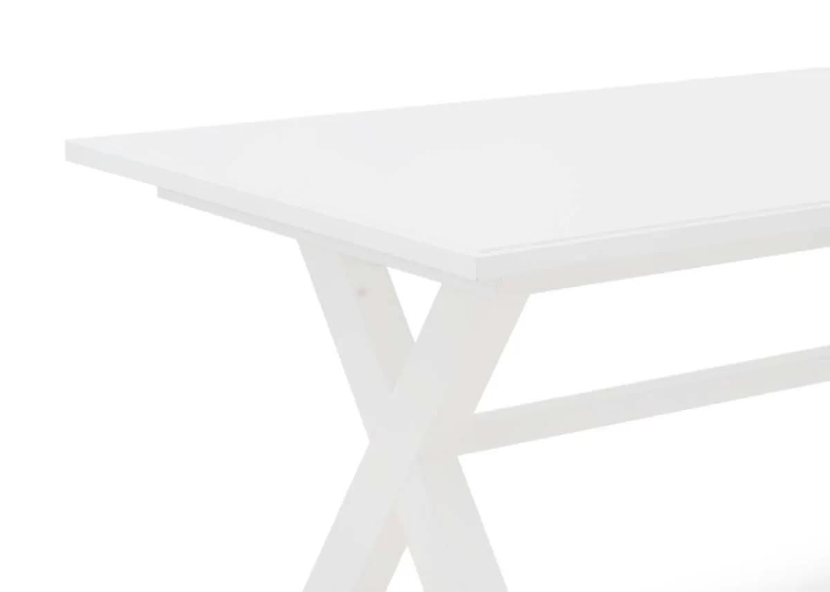 A white rectangular dining table from EZ Livings Hampton range.Closeup of acacia wood finish.