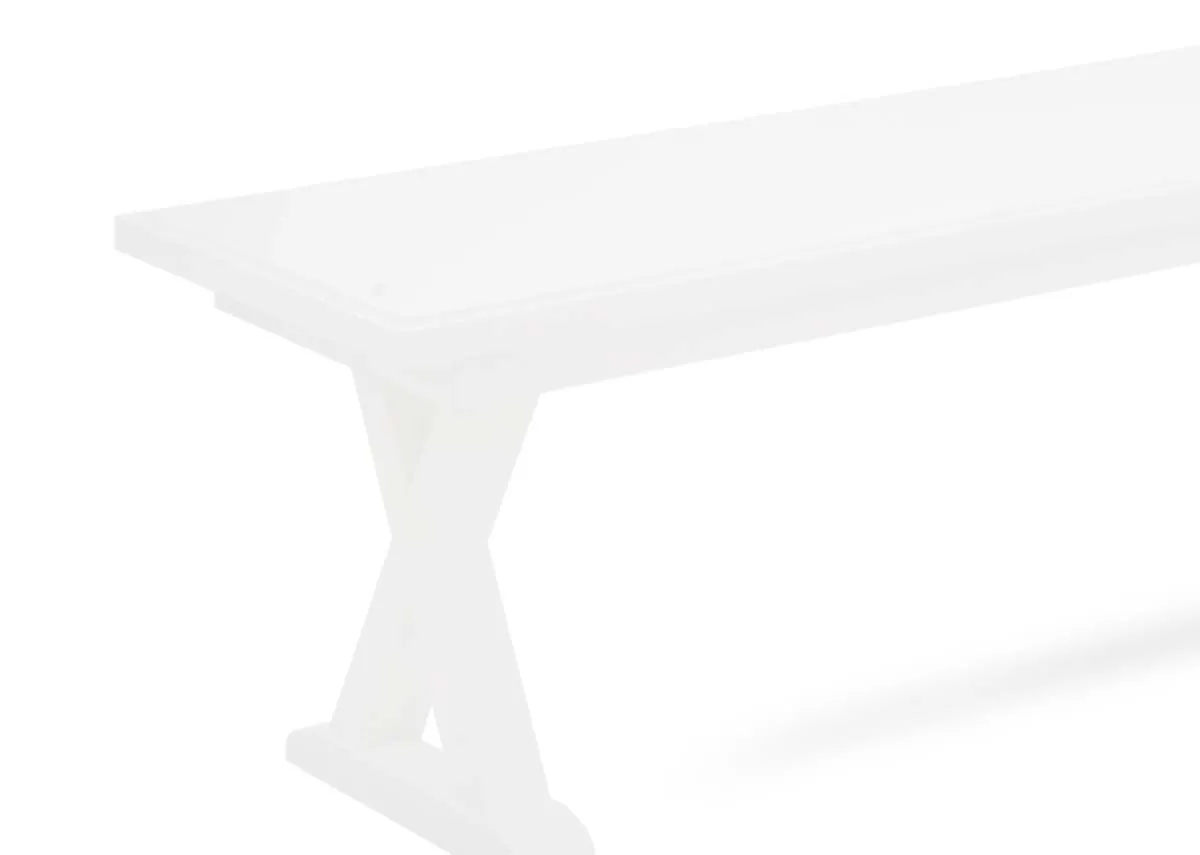 A white rectangular dining bench from EZ Livings Hampton range.Closeup of trestle base