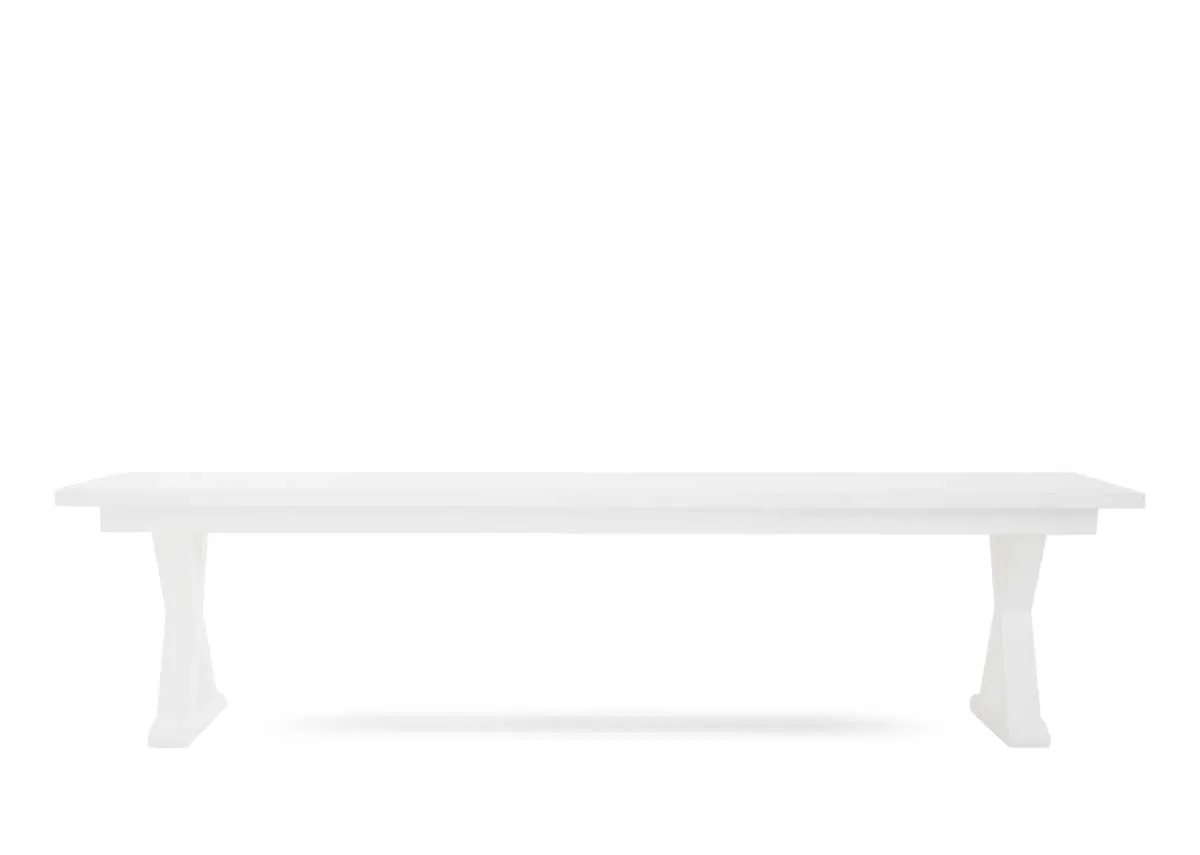 A white rectangular dining bench from EZ Livings Hampton range. Front view of support frame