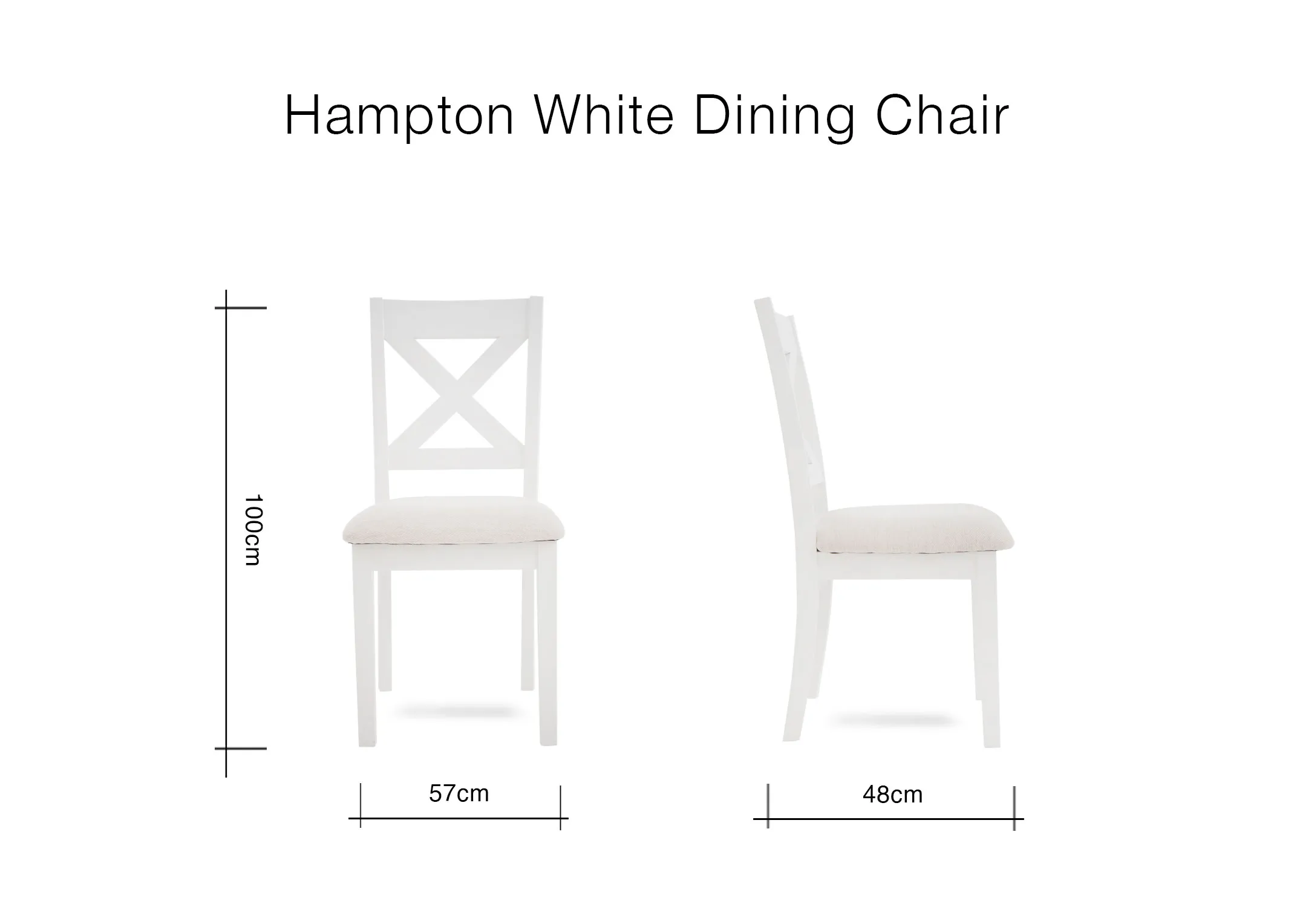 A dimension image of the Hampton Dining chair with 57cm x 48cm x 100cm