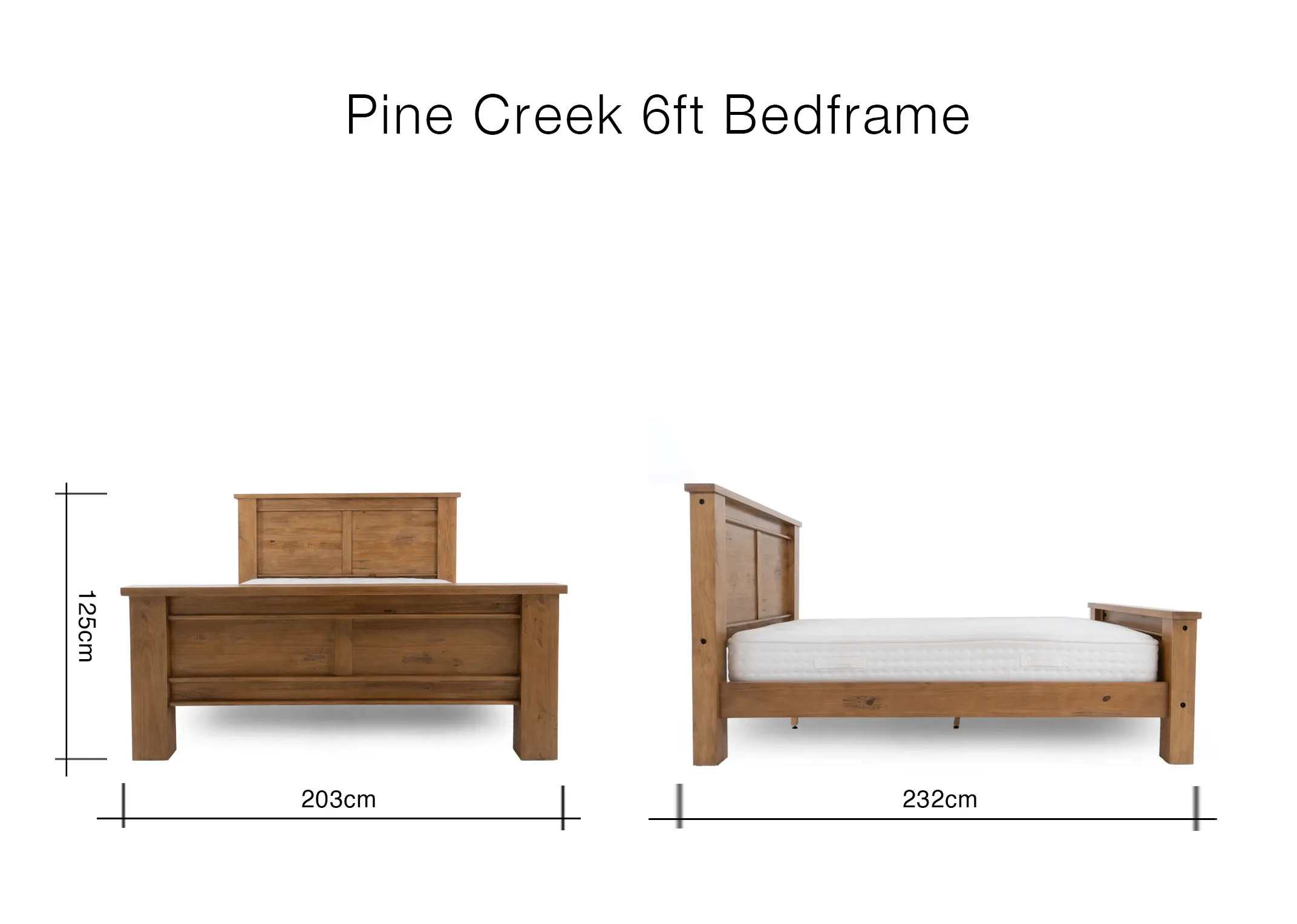 Dimensions for a light brown wooden 6ft bedframe measuring 125 cm high 203 cm wide and 232 cm long.