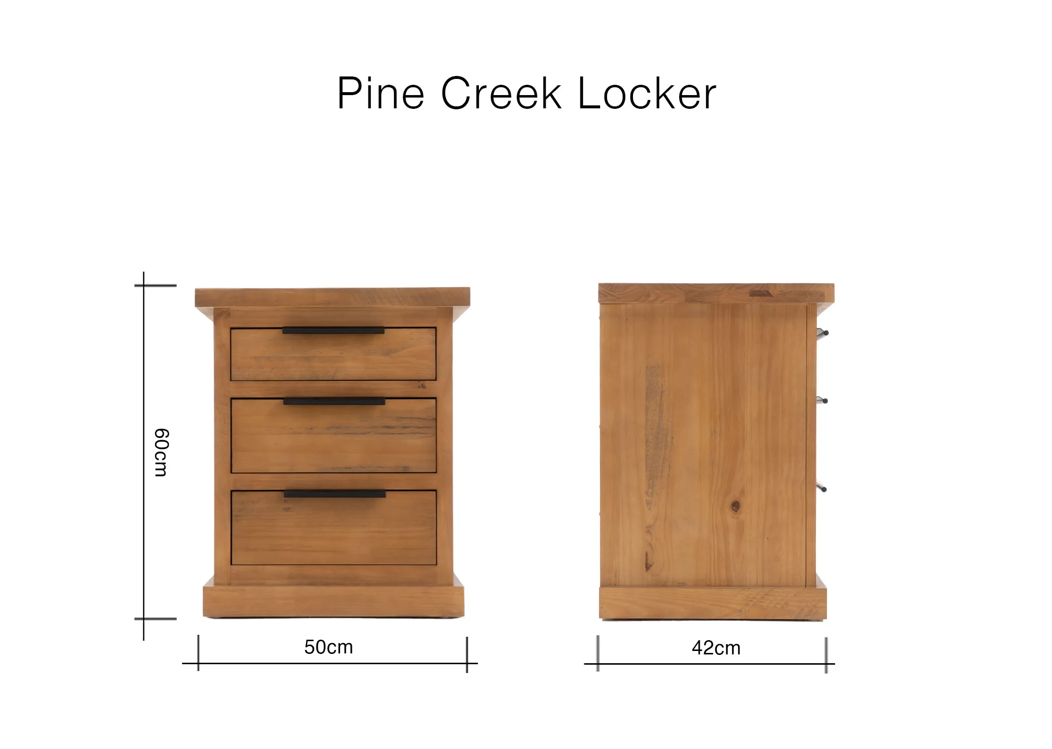 Dimensions for a light brown wooden bedside locker measuring 60 cm high 50 cm wide and 42 cm deep.
