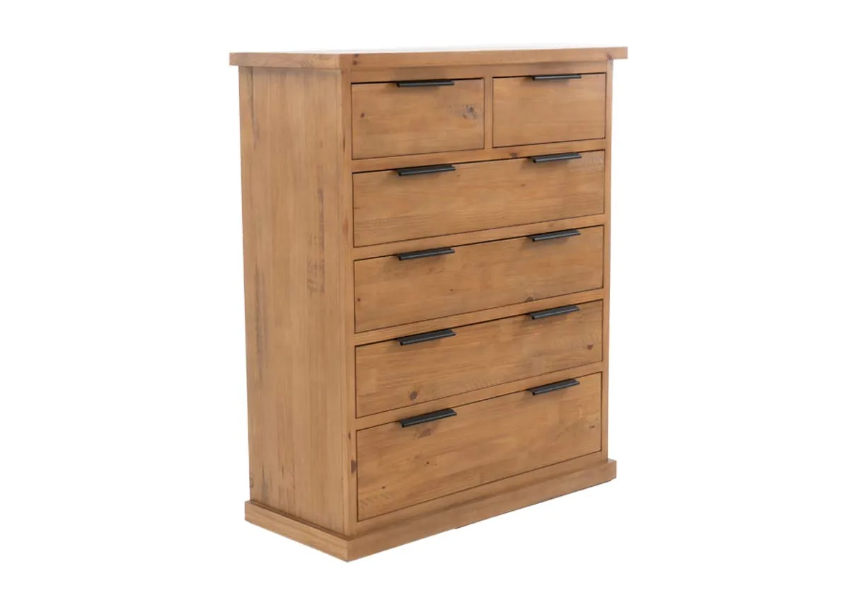 An angled front view of a light brown wooden tallboy with two small top drawers and four larger drawers below all with black handles.