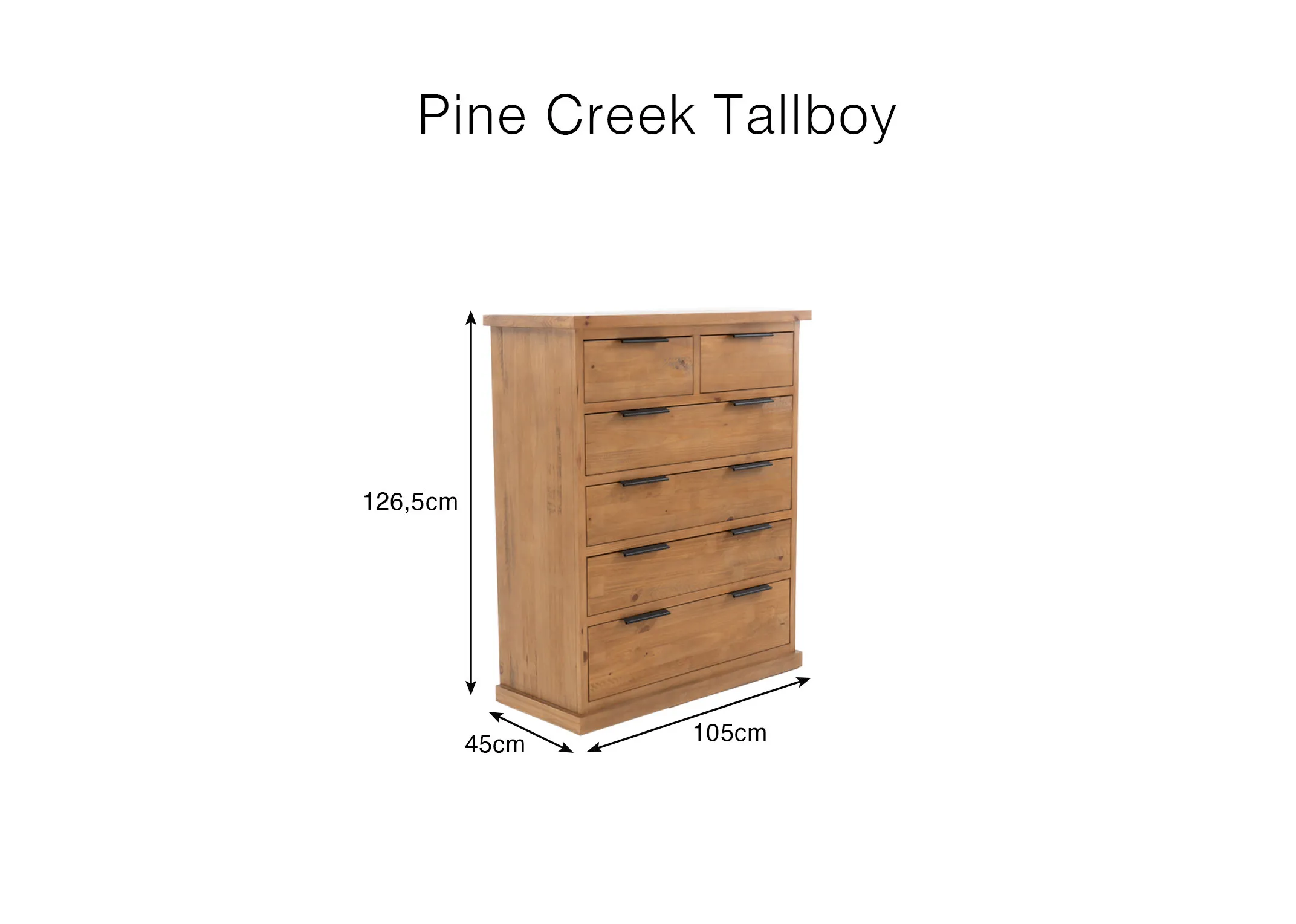 Dimensions for a light brown wooden tallboy measuring 126.5 cm high 45 cm deep and 105 cm wide.
