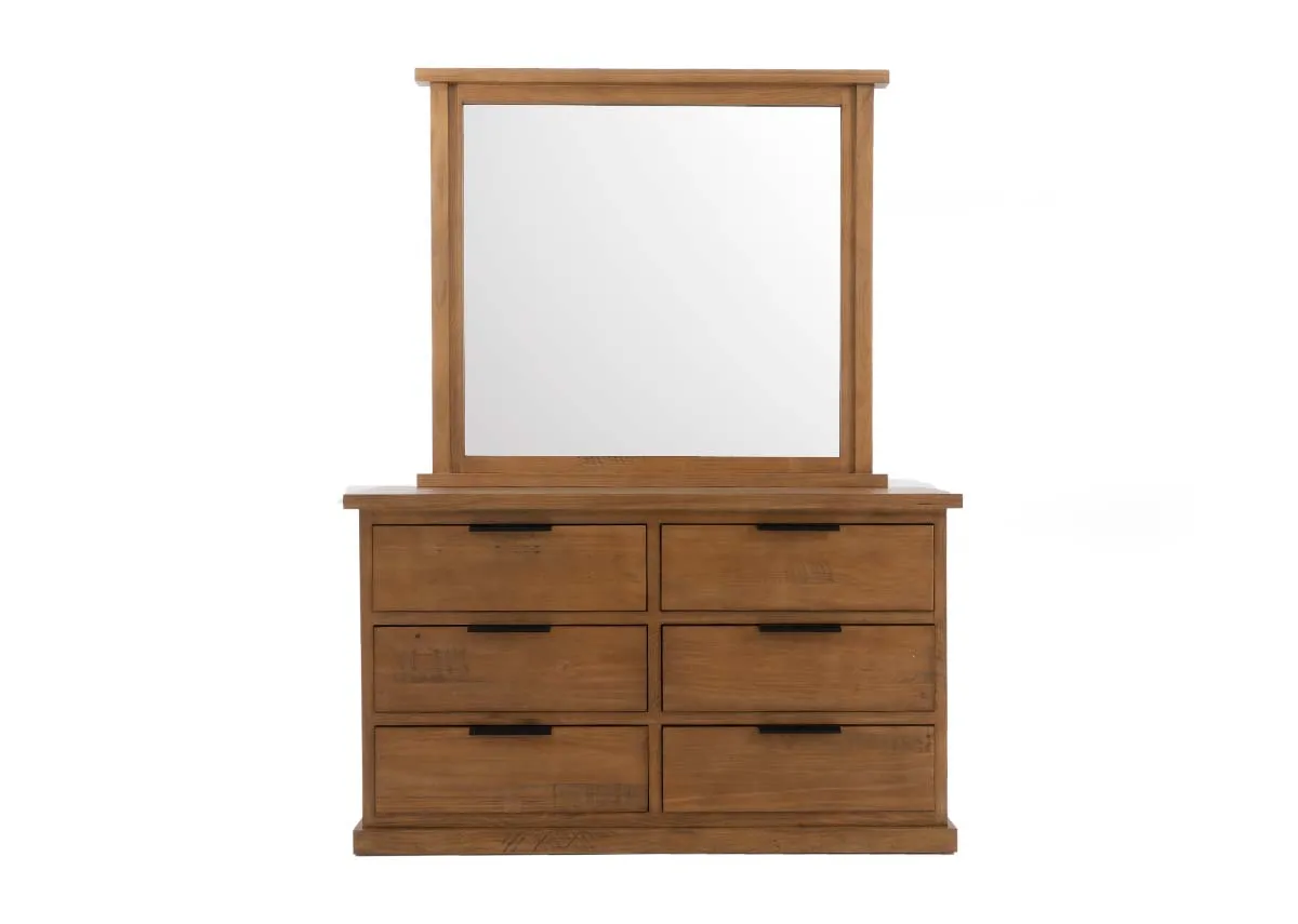 Dimensions for a light brown wooden dresser and mirror. Dresser is 82 cm high 140 cm wide 45 cm deep. Mirror is 106 cm high and 120 cm wide.