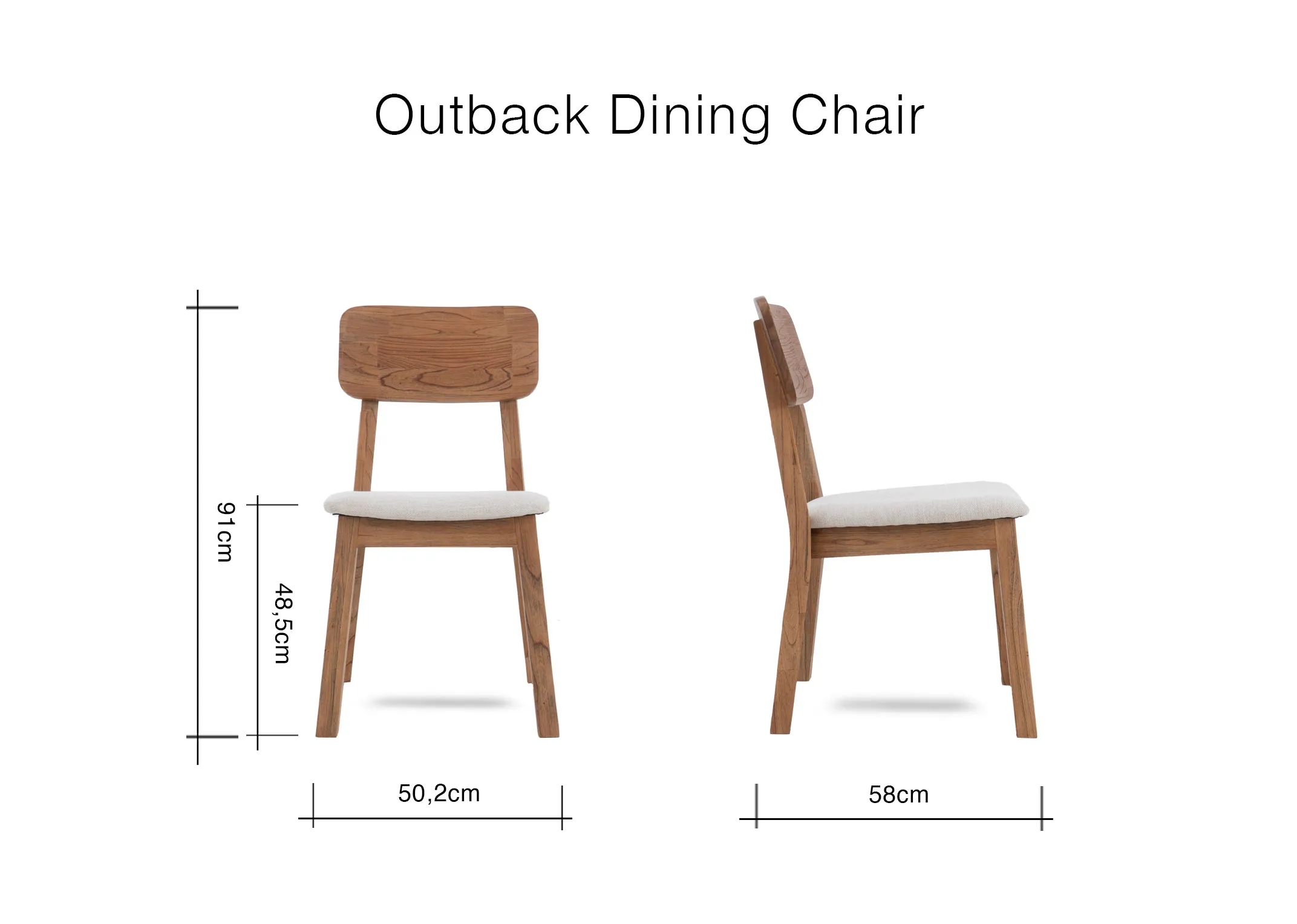 A dimension image of the Outback dining chair with 50.2cm x 58cm x 91cm