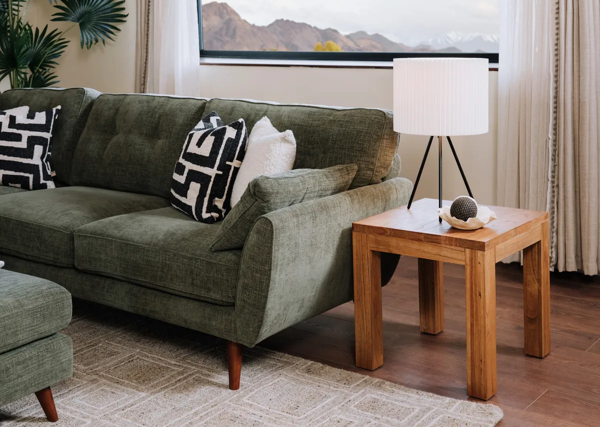 A lifestyle image of the Outback lamp table with Starlette lamp and Caoimhe sofa.