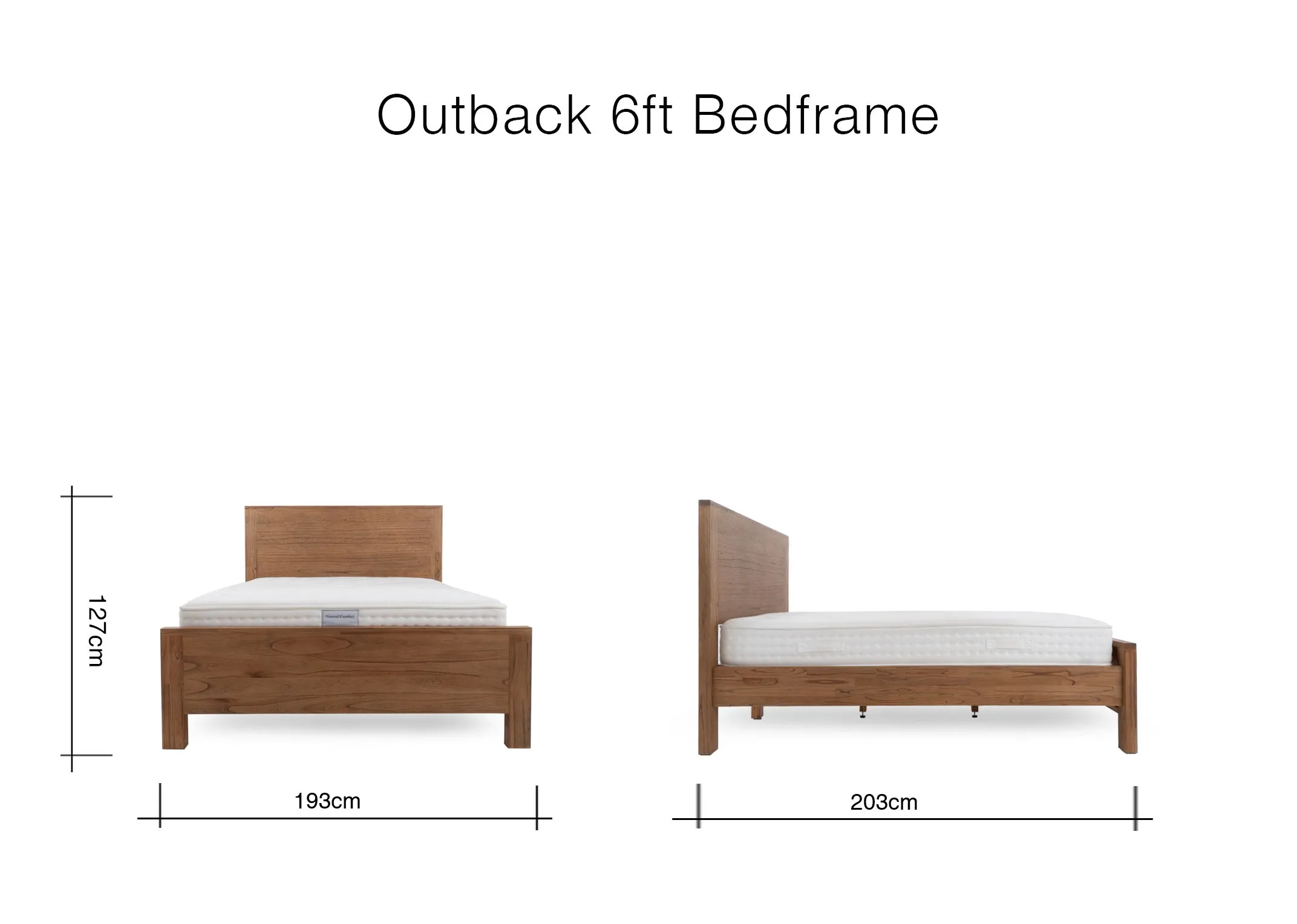 A dimension image of the Outback 6ft Bedframe with 193cm x 203cm