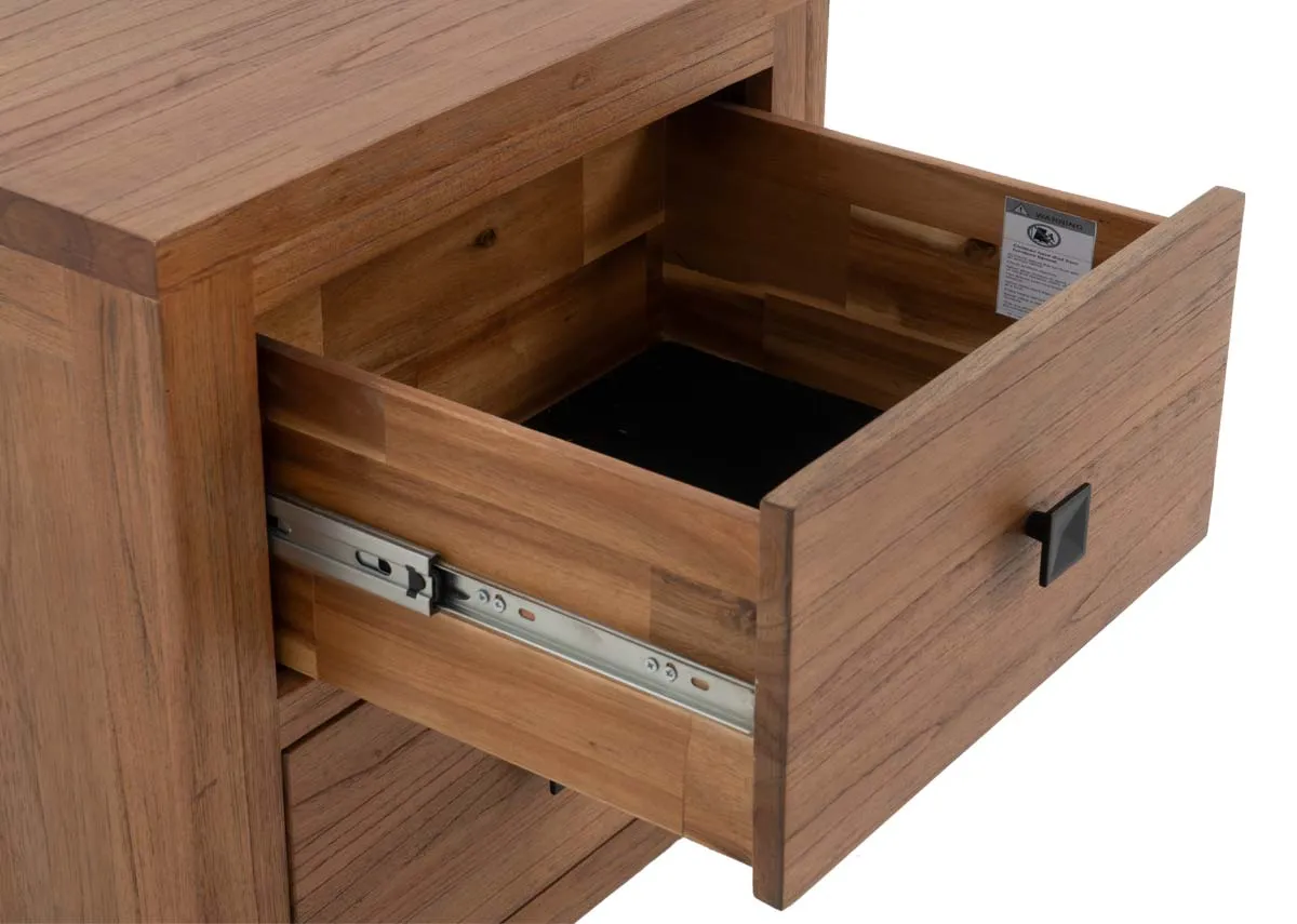 A 2 drawer wood locker from EZ Livings Outback range.  Closeup of runners on open drawer.