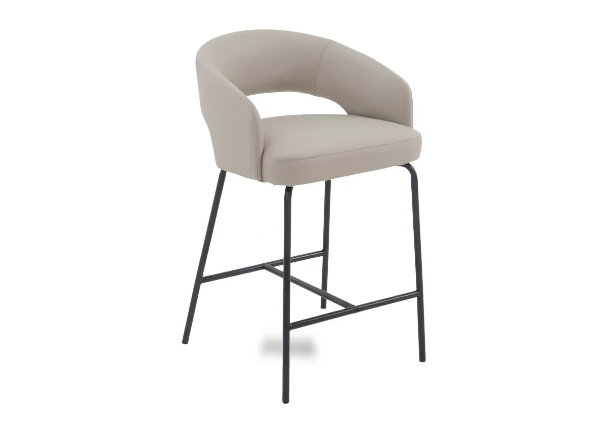 An ivory leather bar stool with black metal frame from EZ Livings Matteo range. Angled view.
