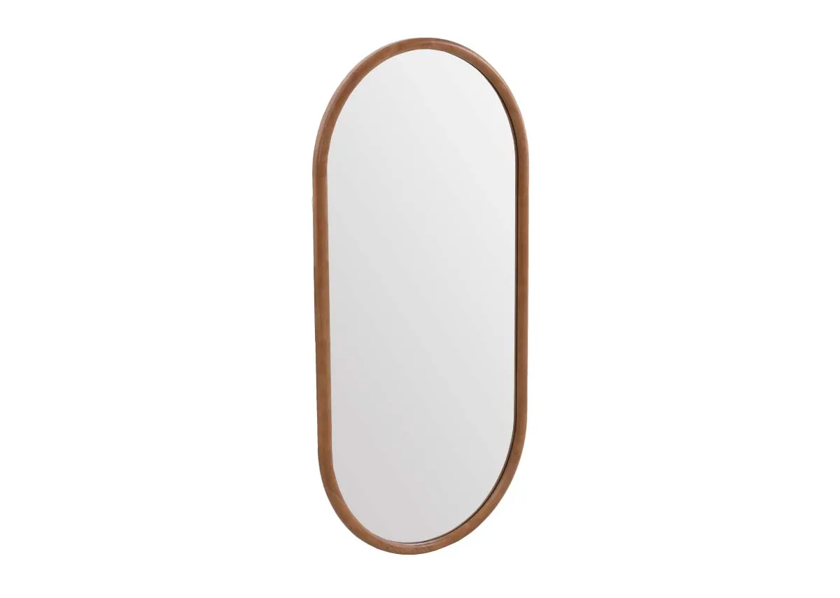 An oval wall mirror with wooden frame from EZ Livings Carson range.Angled view