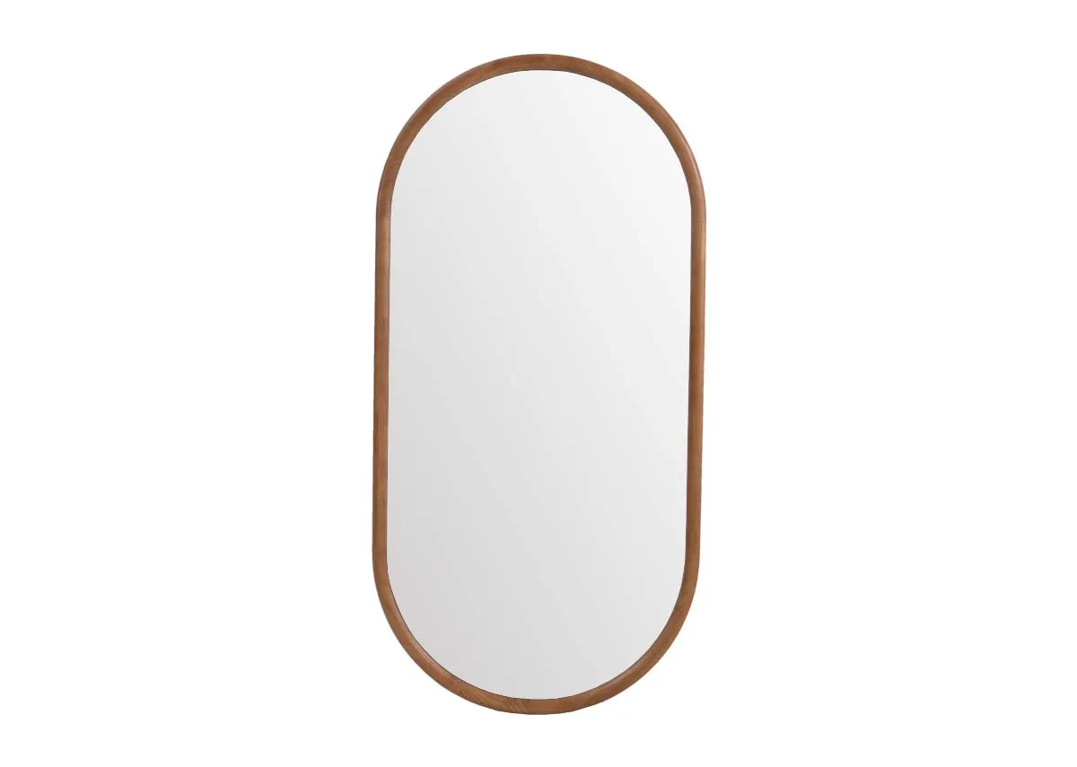 An oval wall mirror with wooden frame from EZ Livings Carson range. Front view.