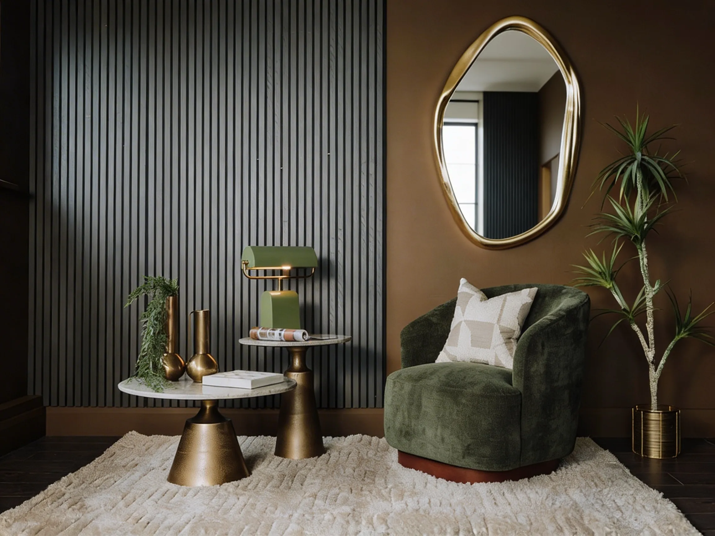 A lifestyle image of the Dalton swivel chair with Delfina mirror with Pyramid tables with cardona lamp.