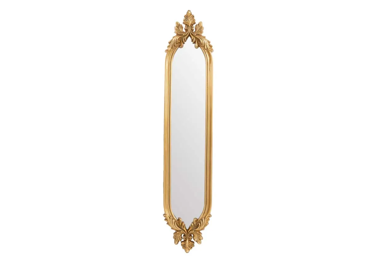 A long slim oval framed mirror with ornate detail in gold from EZ Livings Julieta range. Front view.