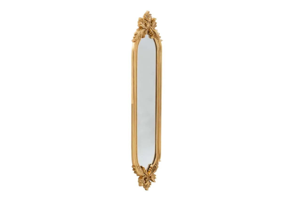 A long slim oval framed mirror with ornate detail in gold from EZ Livings Julieta range. Angled view of full length mirror