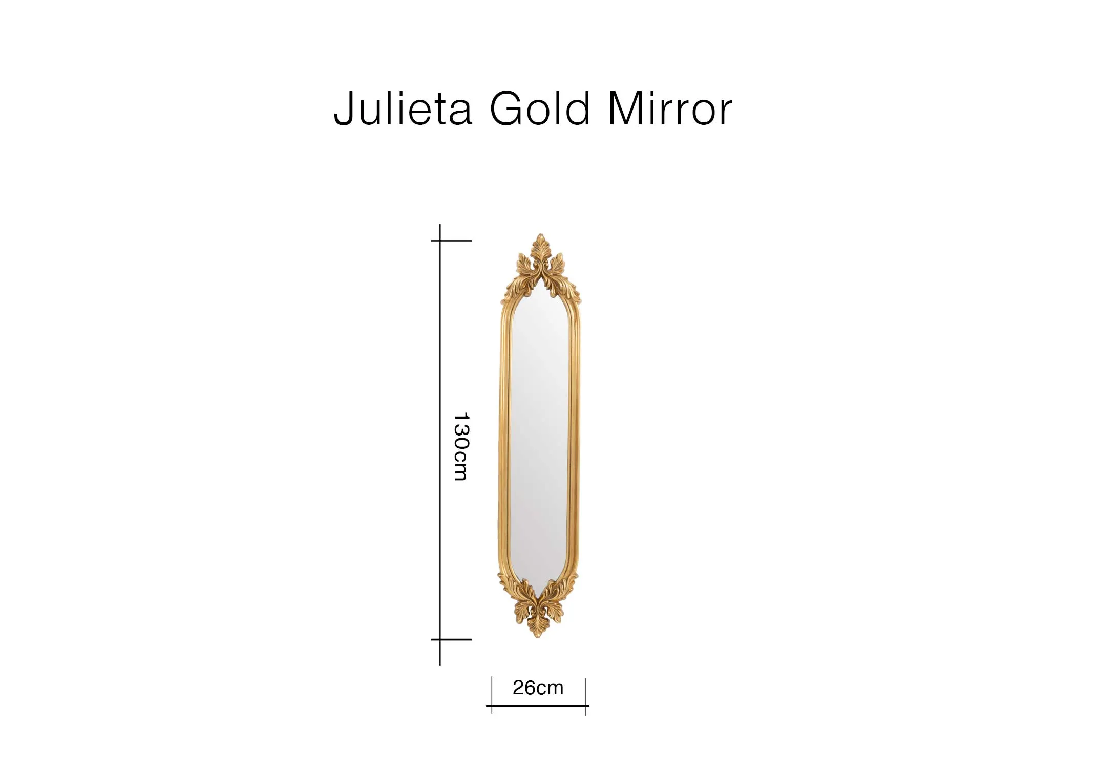 A dimension image of the Julieta Mirror with 26cm x 130cm