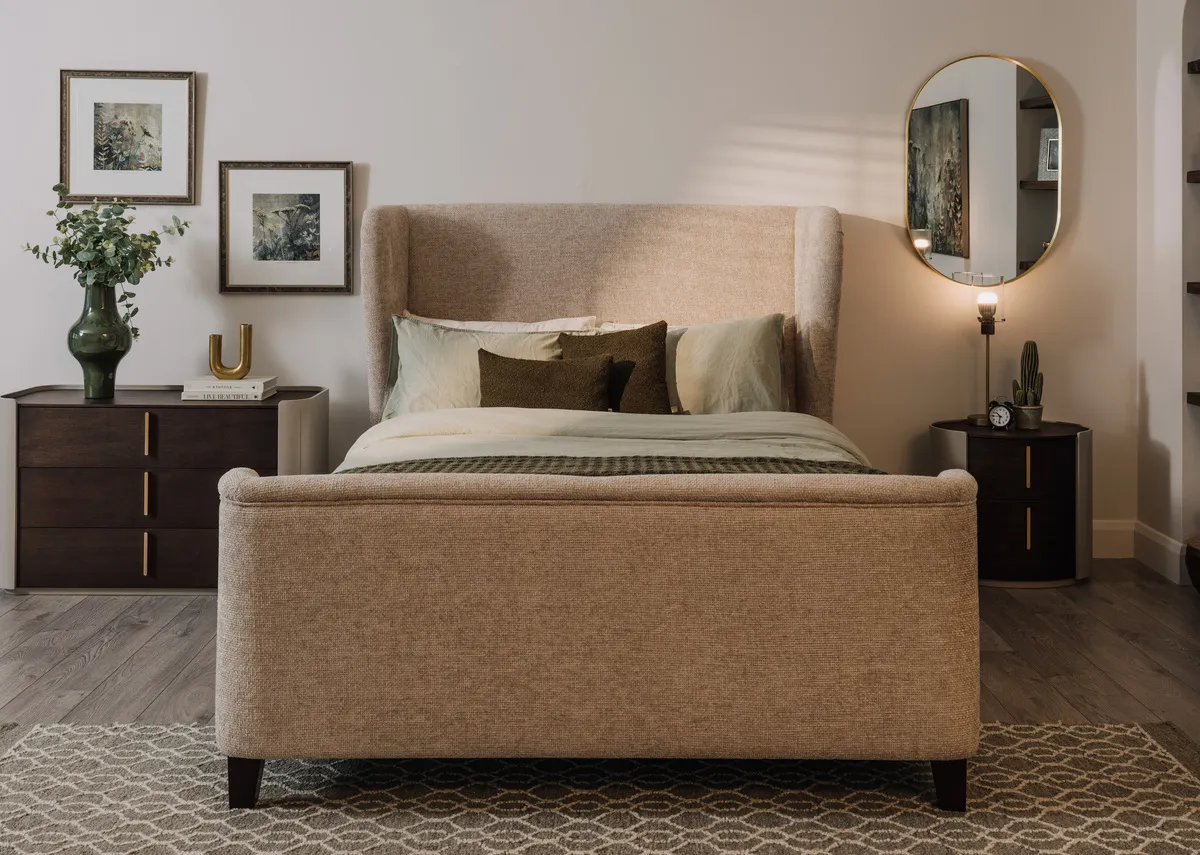 A lifestyle image of the Maison bedframe with Canna dresser and locker with Beau mirror.