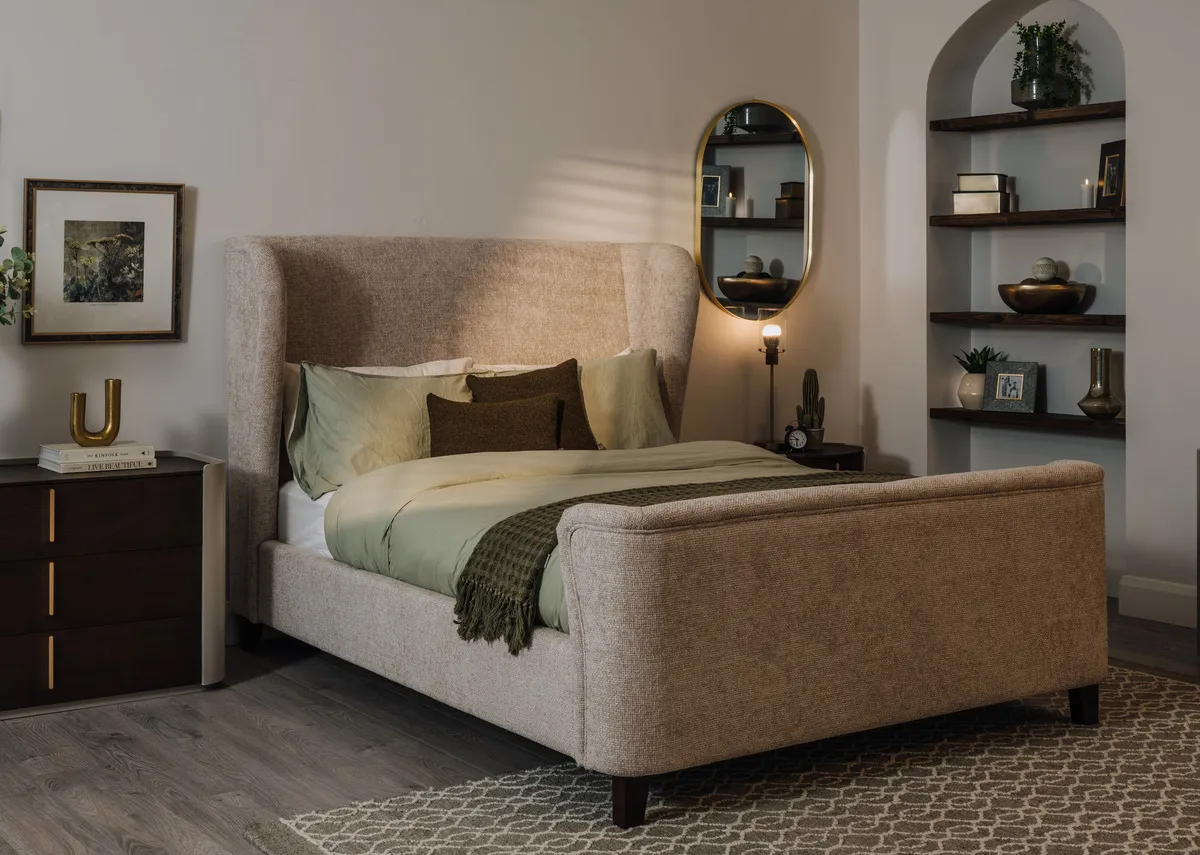 A lifestyle image of the Maison bedframe with Canna dresser and locker.