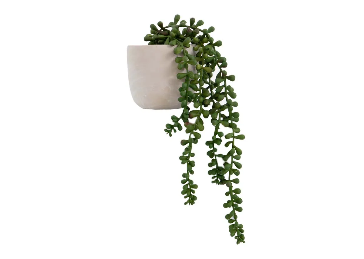A small white pot with green artificial senecio plant.