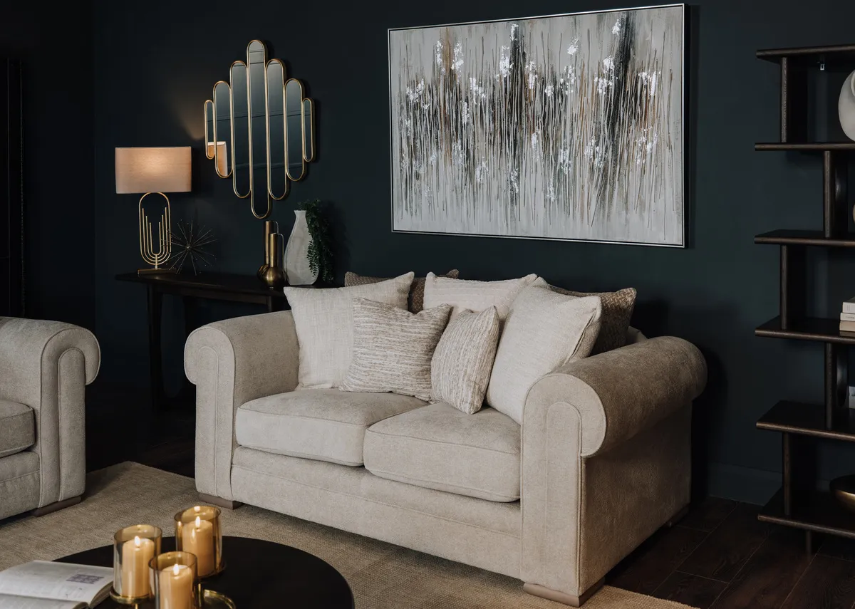 2 Seater Beige Fabric Pillowback Sofa - Olivia