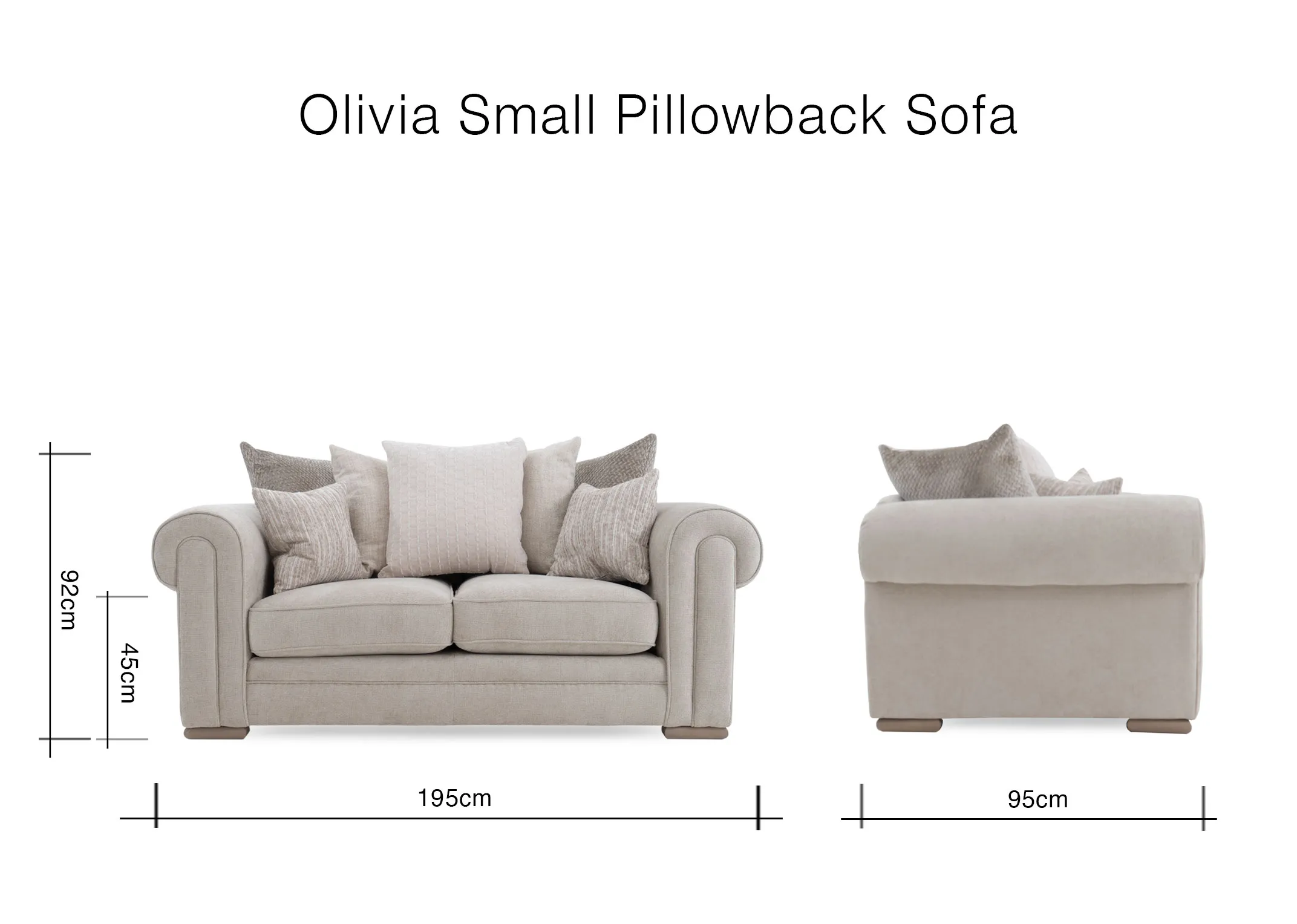 A dimension image of the Olivia 2 Seater sofa with 195cm x 92cm x 95cm