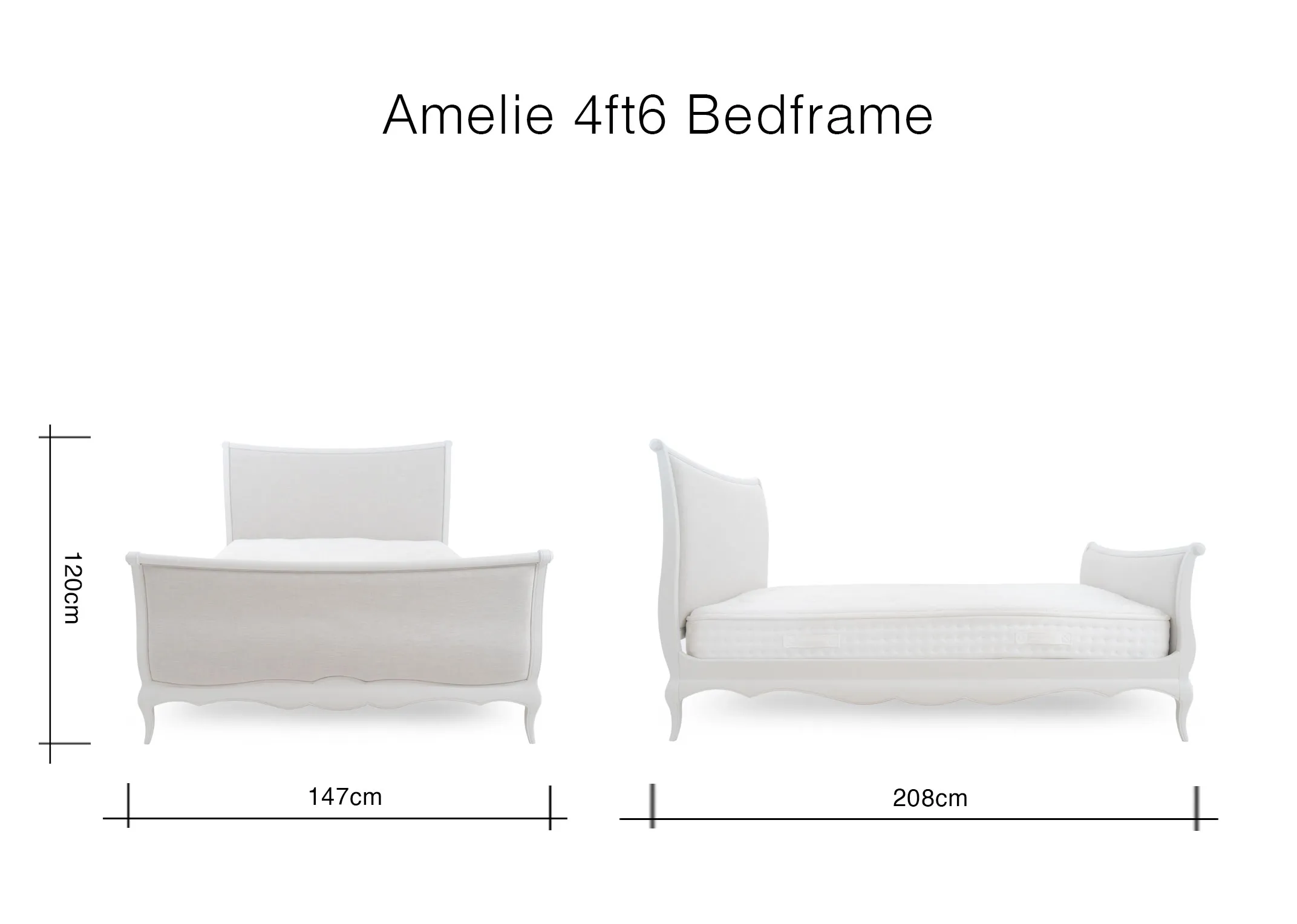 A dimension image of the Amelie 4ft6 bed with 147cm x 208cm x 120cm 