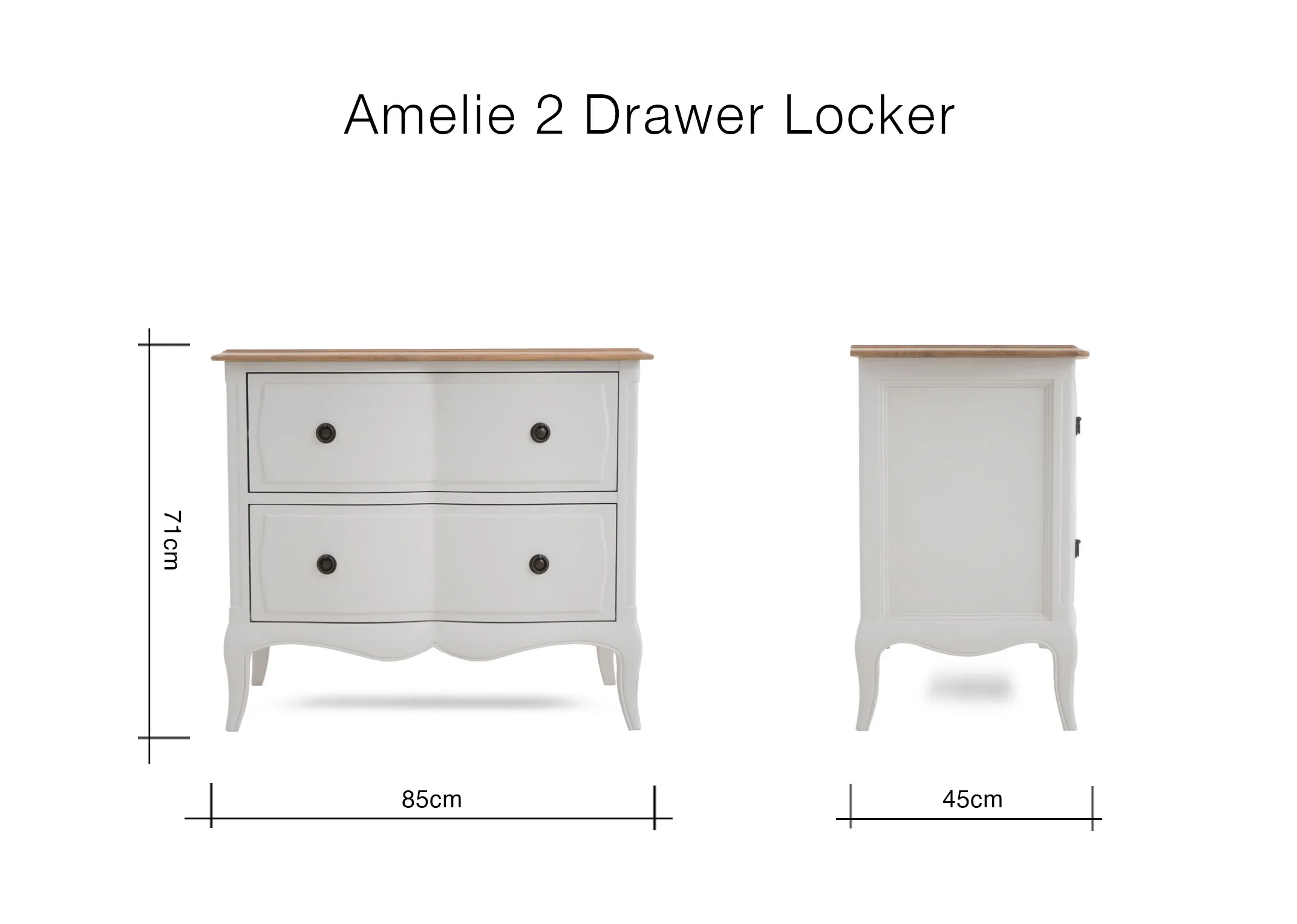 A dimension image of the Amelie 2 drawer locker with 85cm x 71cm