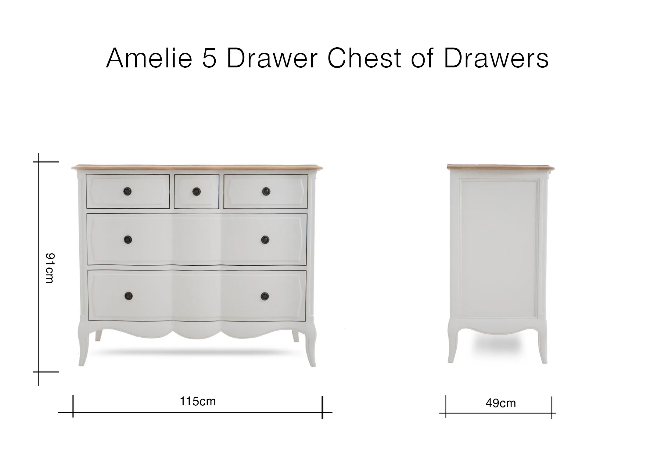 A dimension image of the Amelie chest with 115cm x 48cm x 91cm