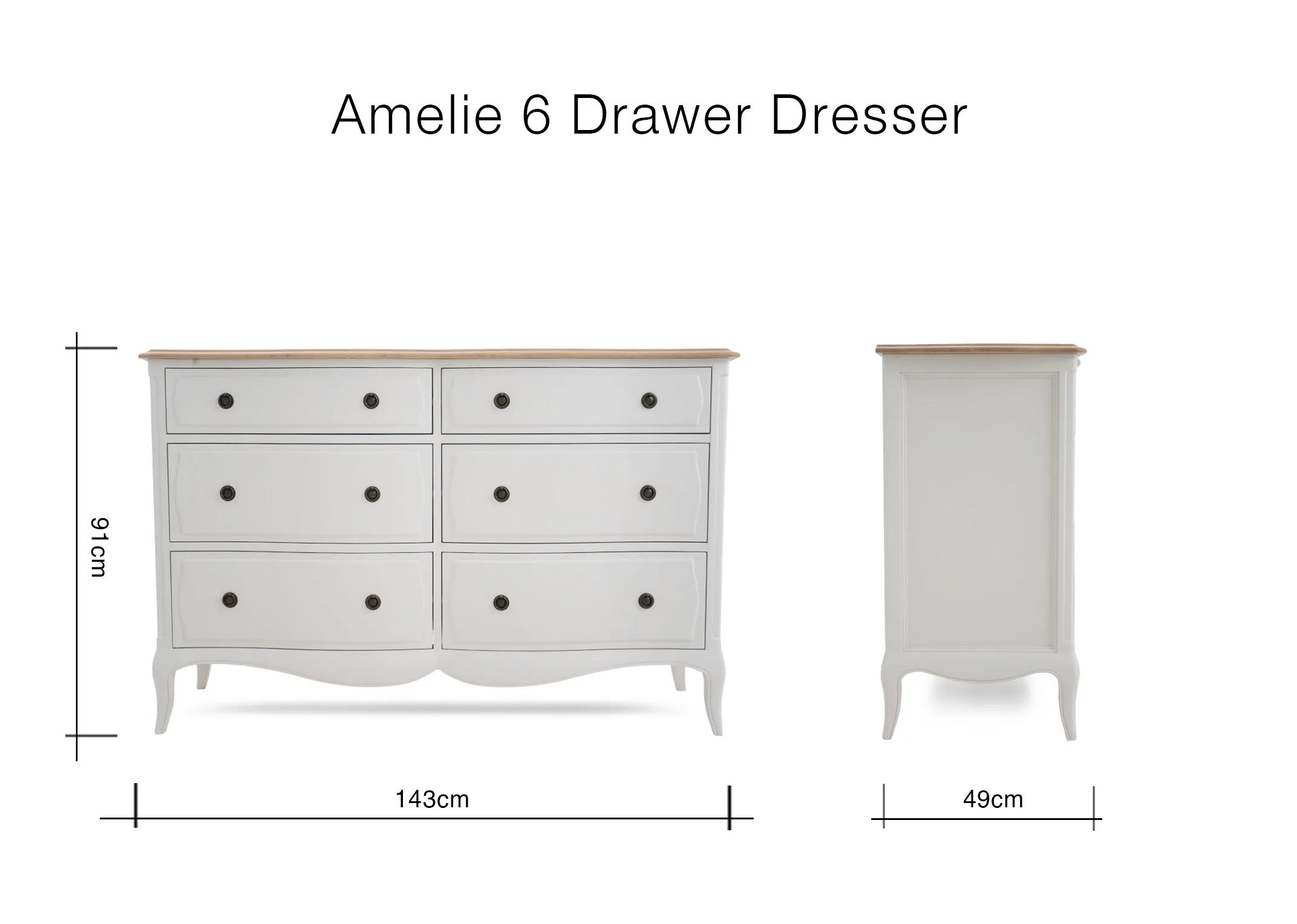 A dimension image of the Aemliw Dresser with 143cm x 49cm x 91cmh 143cm x