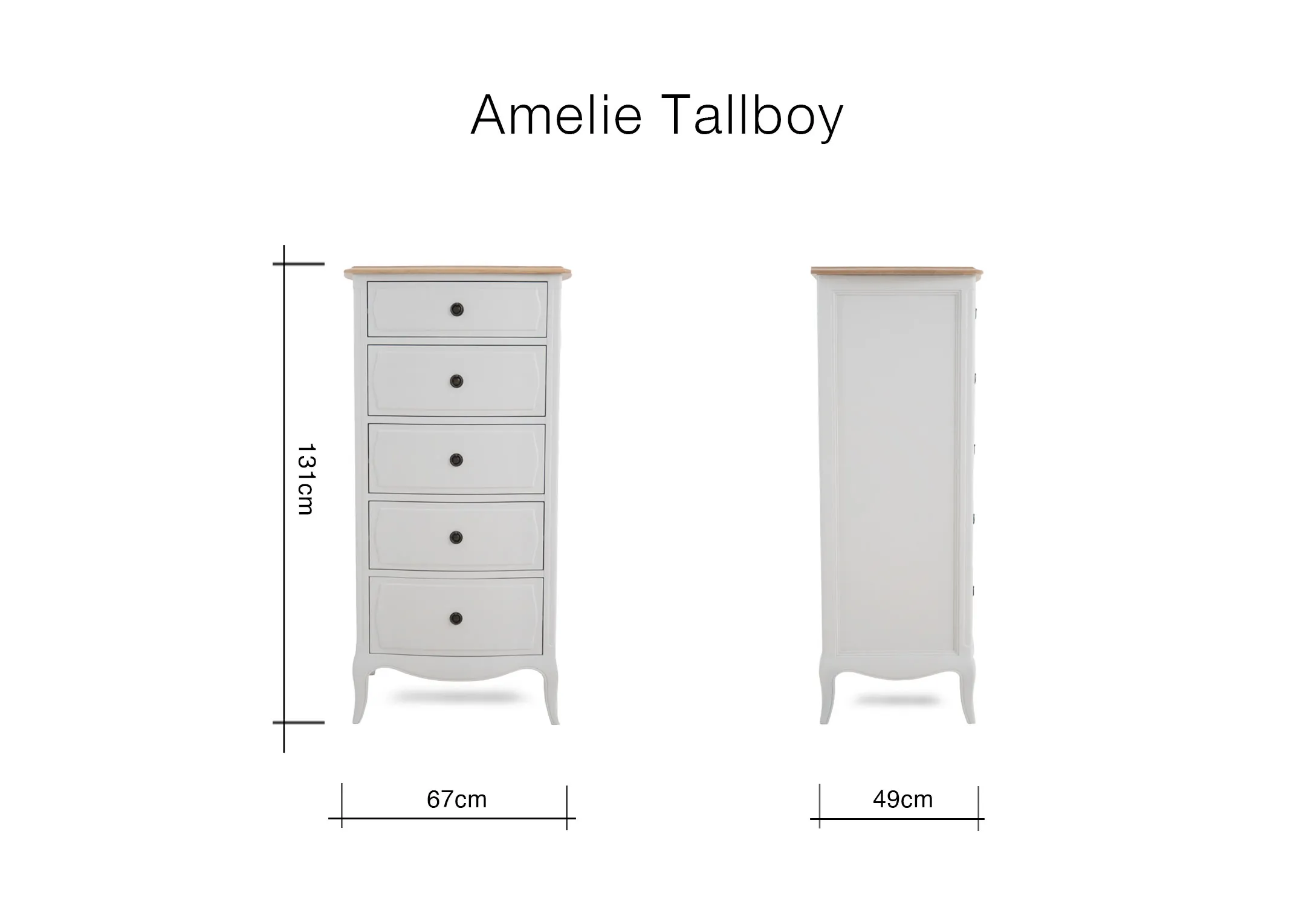A dimension image of the Ameliw Tallboy with 67cm x 49cm x 131cm