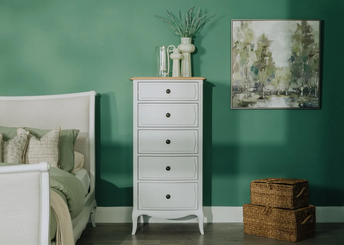 5 Drawer White & Oak Top Tallboy - Amelie