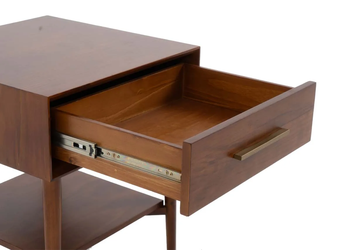 A close up view of an open drawer on the dark pine lamp table revealing its interior and metal glides.