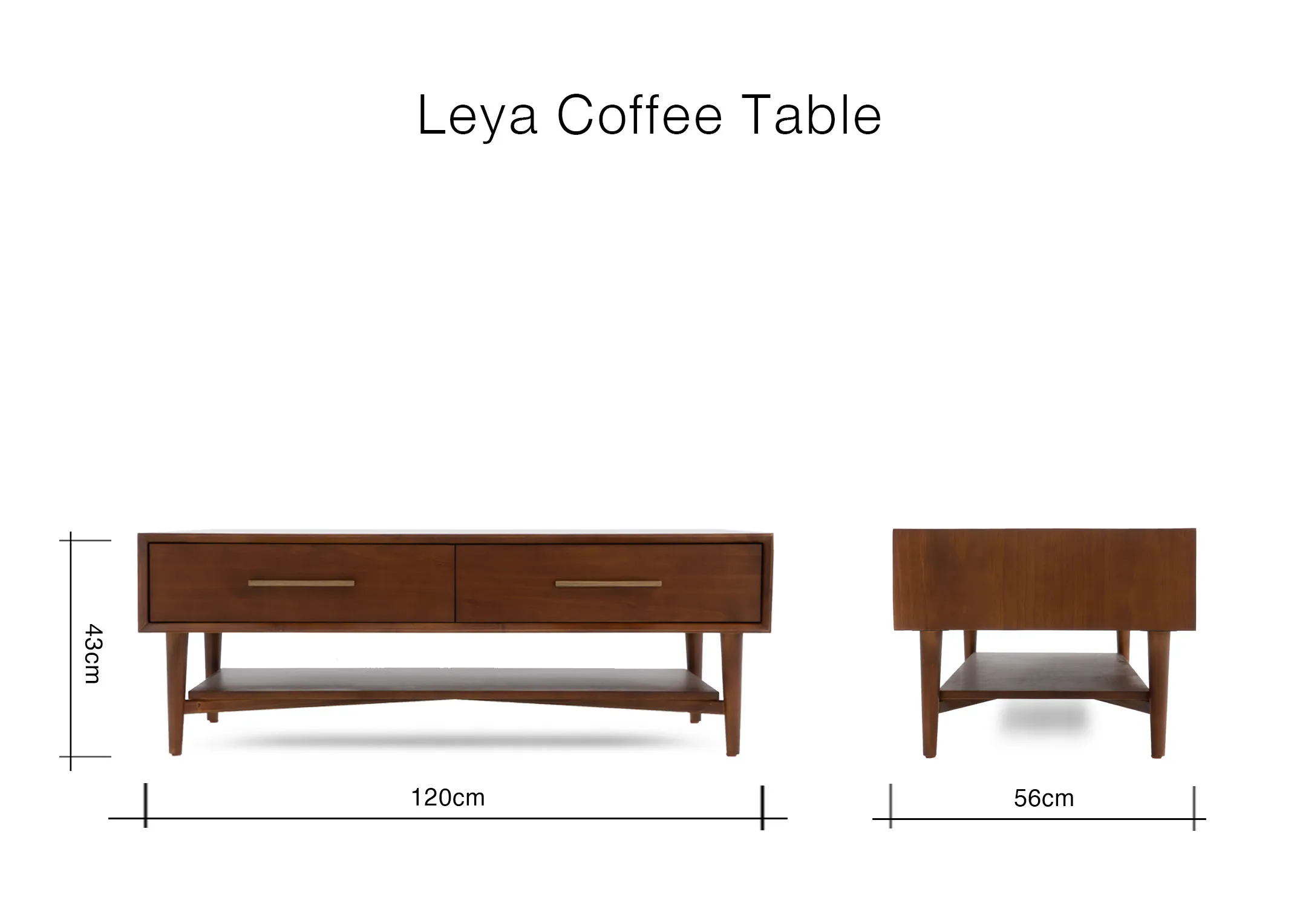 A diagram showing the dimensions of the dark pine coffee table including its height of 43 cm width of 120 cm and depth of 56 cm.