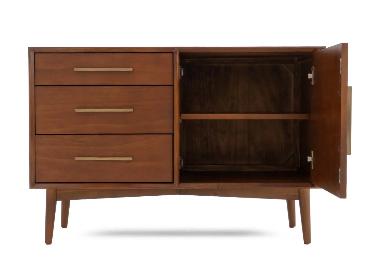 An open dark pine sideboard showing the single door revealing an interior shelf alongside three closed drawers.