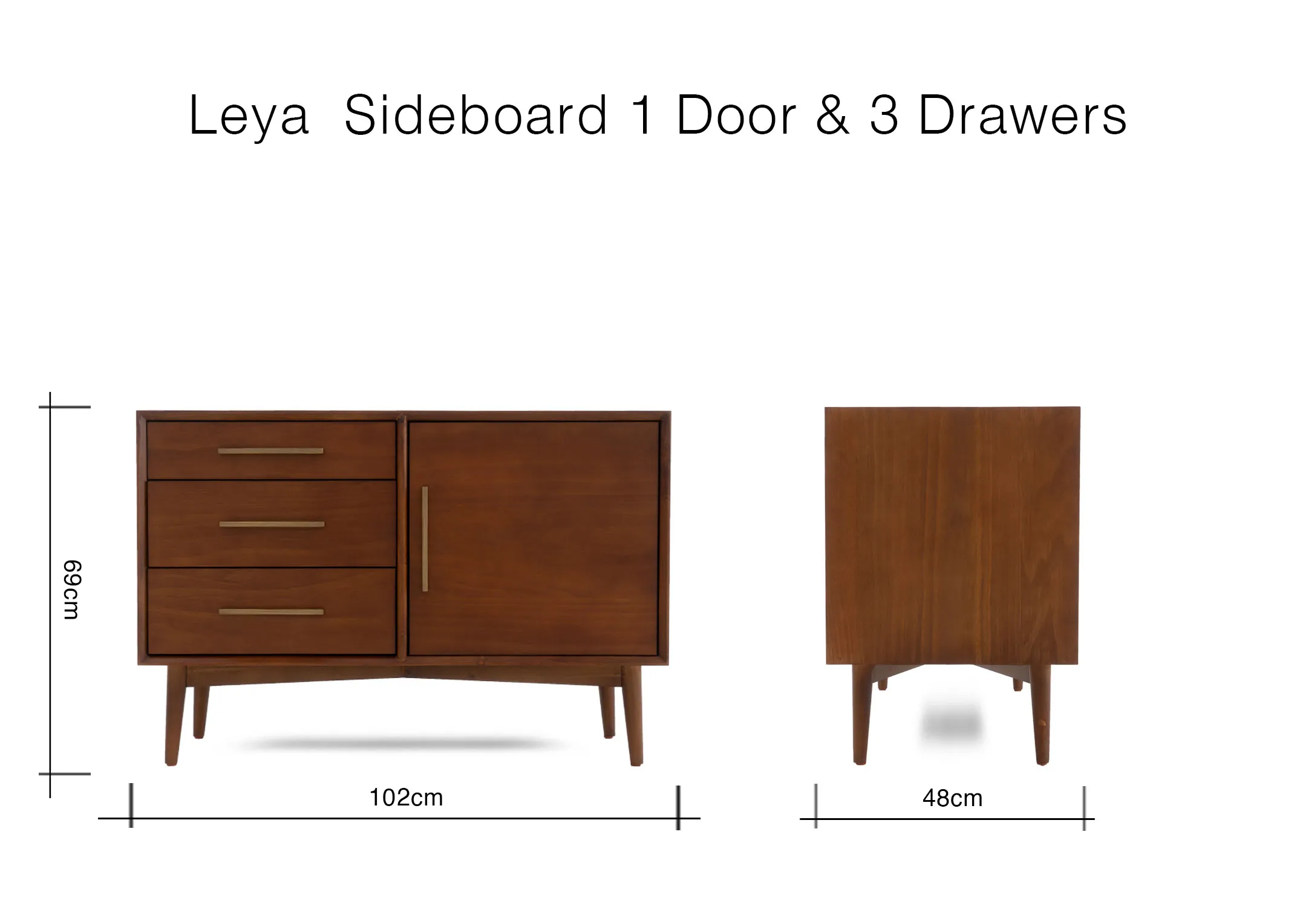 A diagram showing the dimensions of the dark pine sideboard with one door and three drawers with a height of 69 cm width of 102 cm and depth of 48 cm.