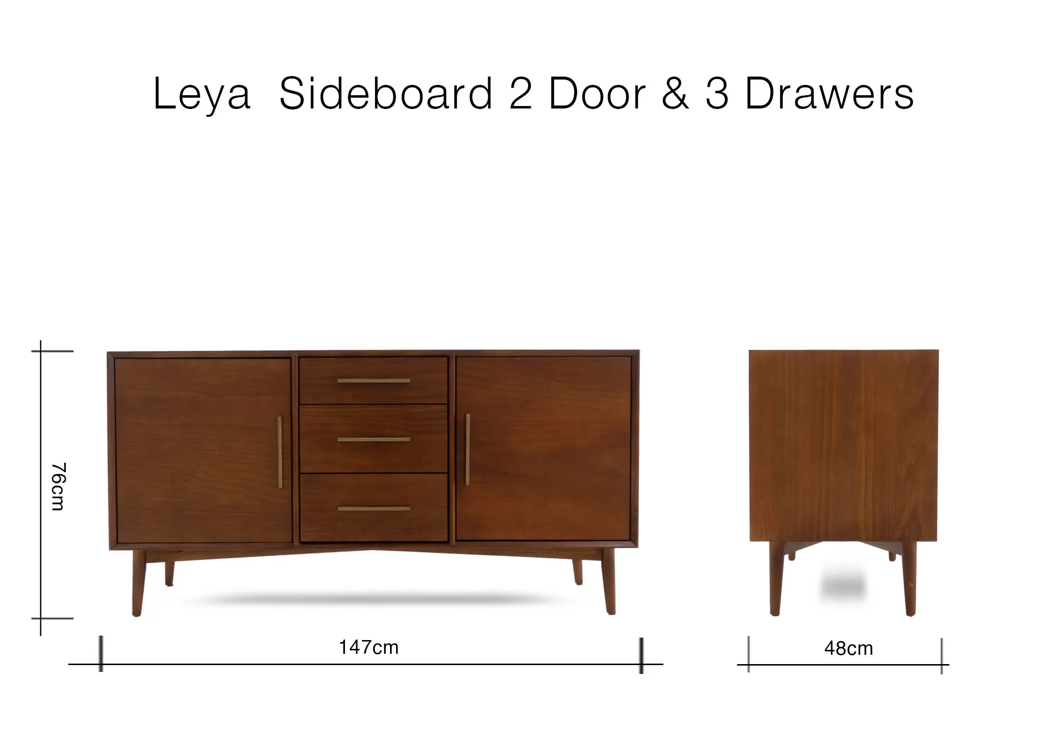 A dimension image of the Leya dark pine sideboard with two doors and three drawers with a height of 76 cm width of 147 cm and depth of 48 cm.