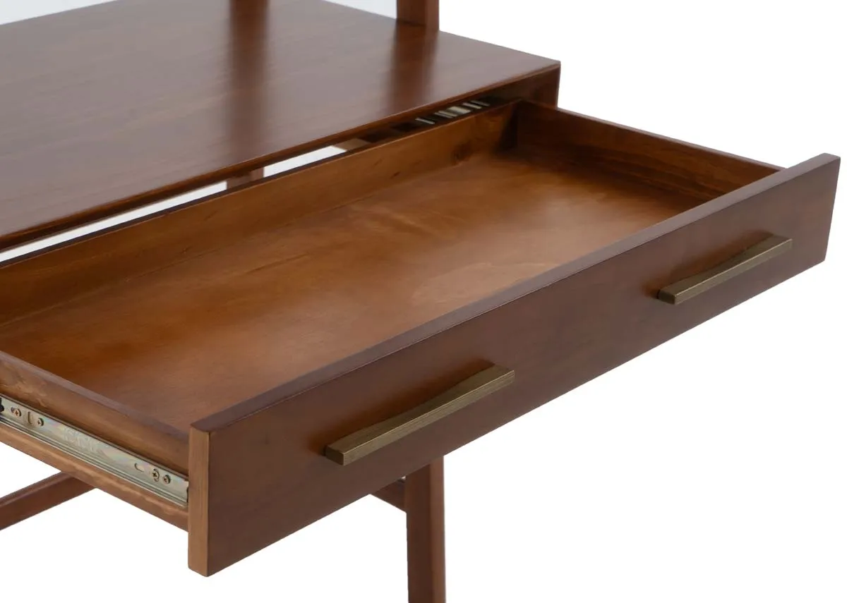 A close up view of an open drawer on the dark pine tall desk showing the interior and metal runners.