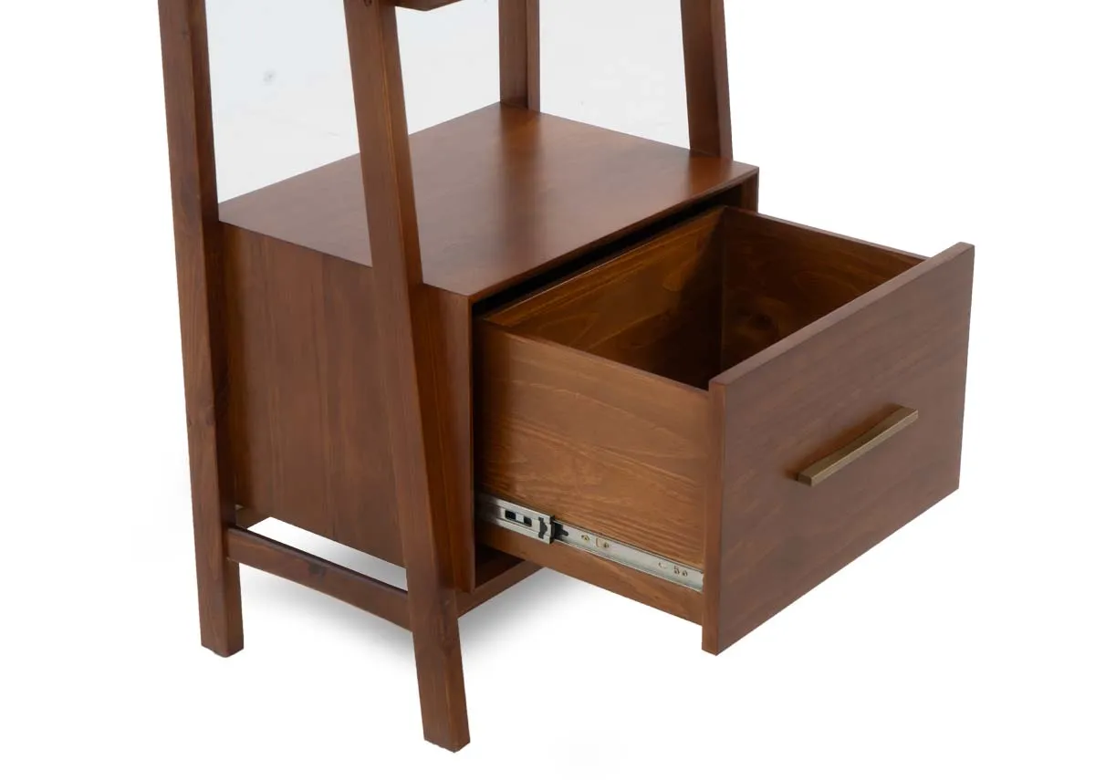 A close up view of an open bottom drawer on the dark pine wide display unit showing its spacious interior.