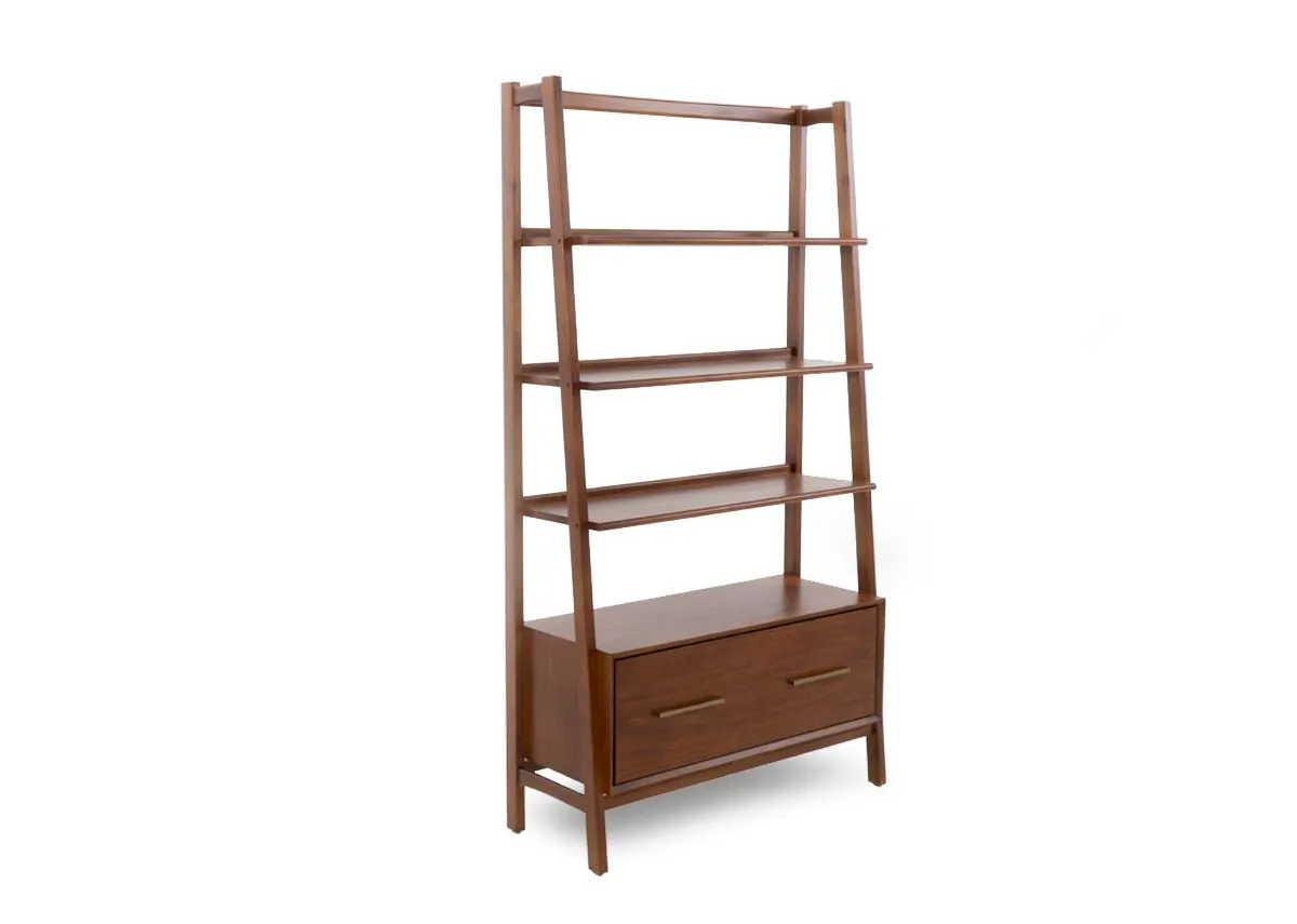 A wide dark pine display unit with four open shelves above a single spacious drawer with two brass pulls.