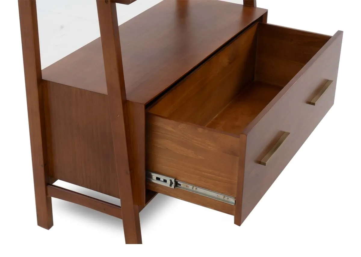 A close up view of an open bottom drawer on the dark pine wide display unit showing its spacious interior.