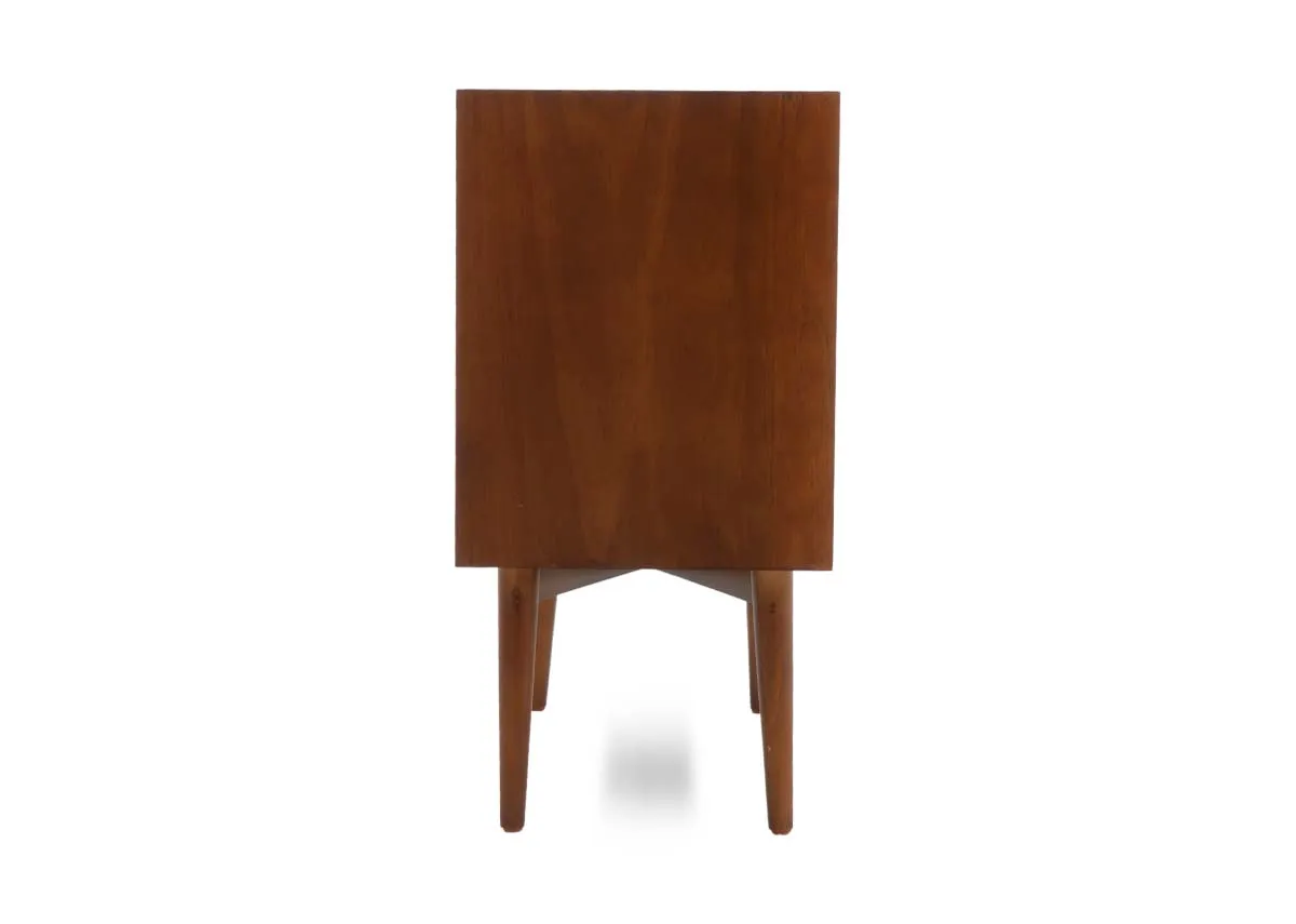 A clean side view of the brown wooden locker highlighting its solid construction and four tapered legs.