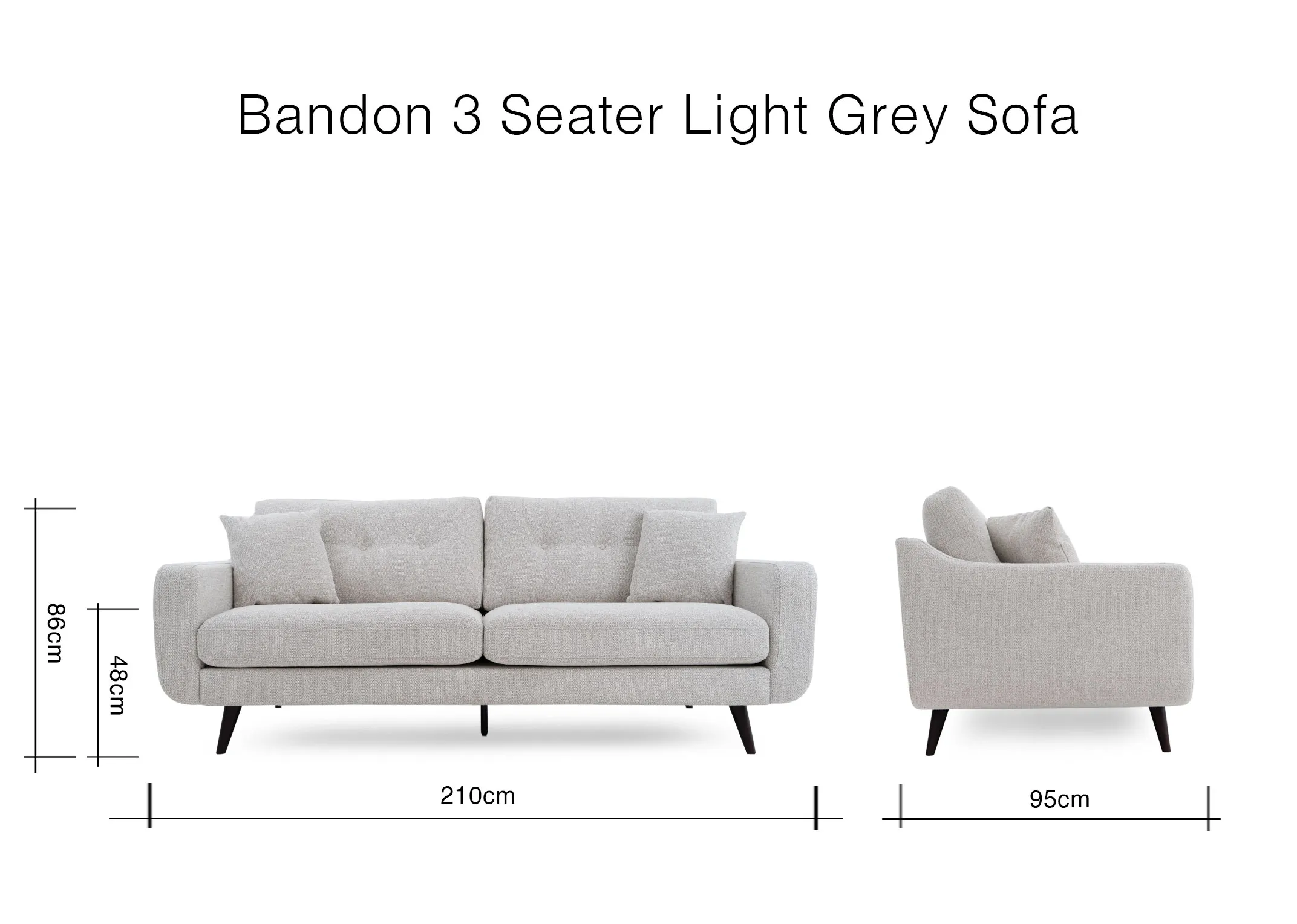 A dimension image of the Bandon 3 Seater sofa with 210cm x 95cm x 86cm