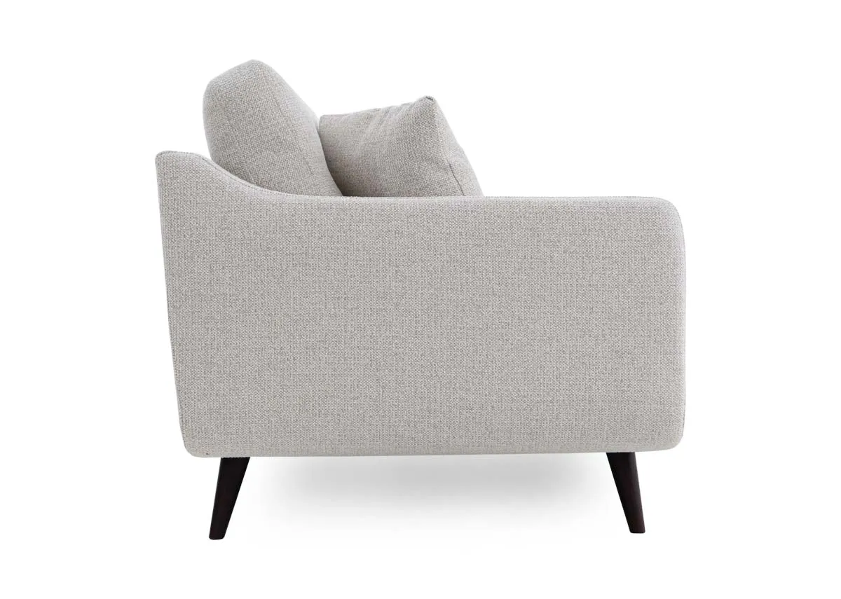 A 3 seater light grey fabric sofa from EZ Livings Bandon range. Side view of dark legs.