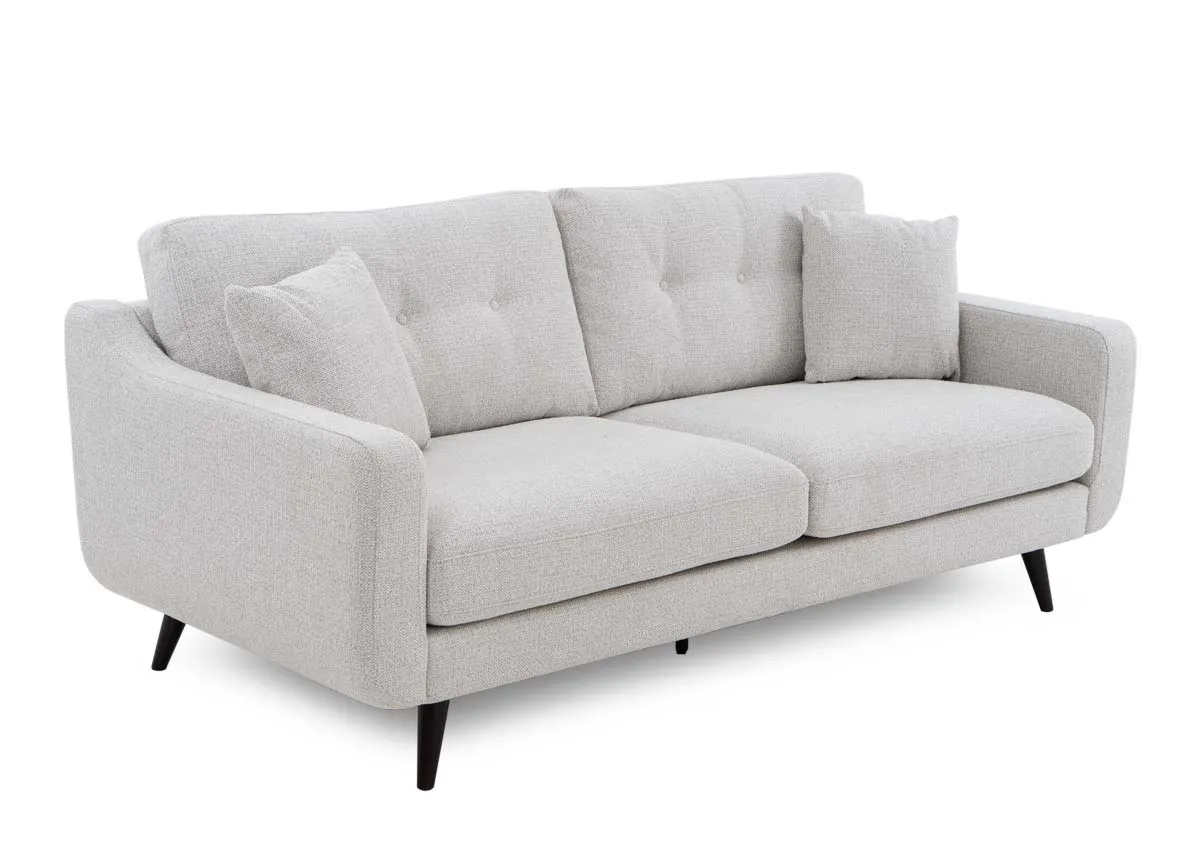 A 3 seater light grey fabric sofa from EZ Livings Bandon range. Angled view.