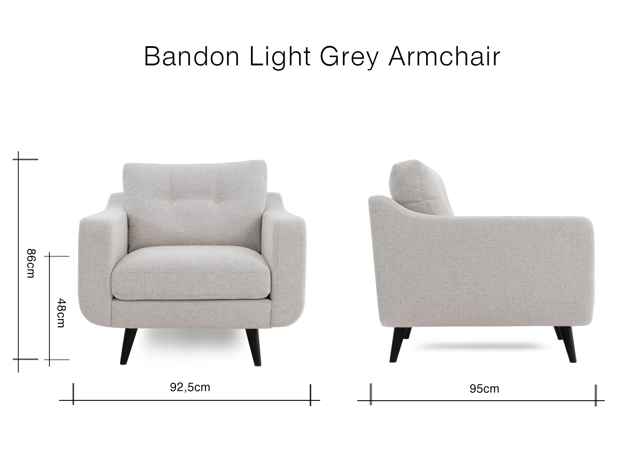 A dimension image of the Bandon Armchair with 92.5cm x 95cm x 86cm