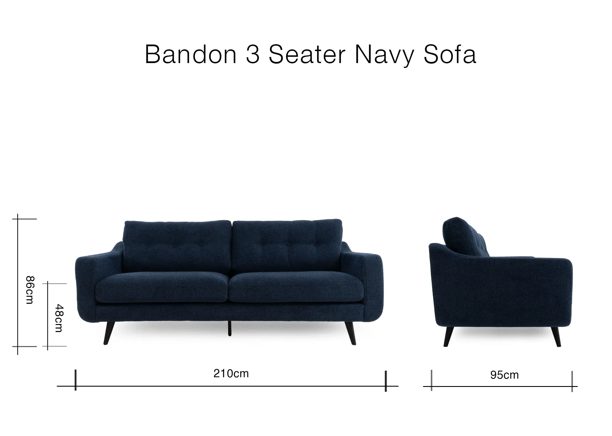 A dimension image of the Bandon 3 seater sofa with 210cm x 86cm x 95cm